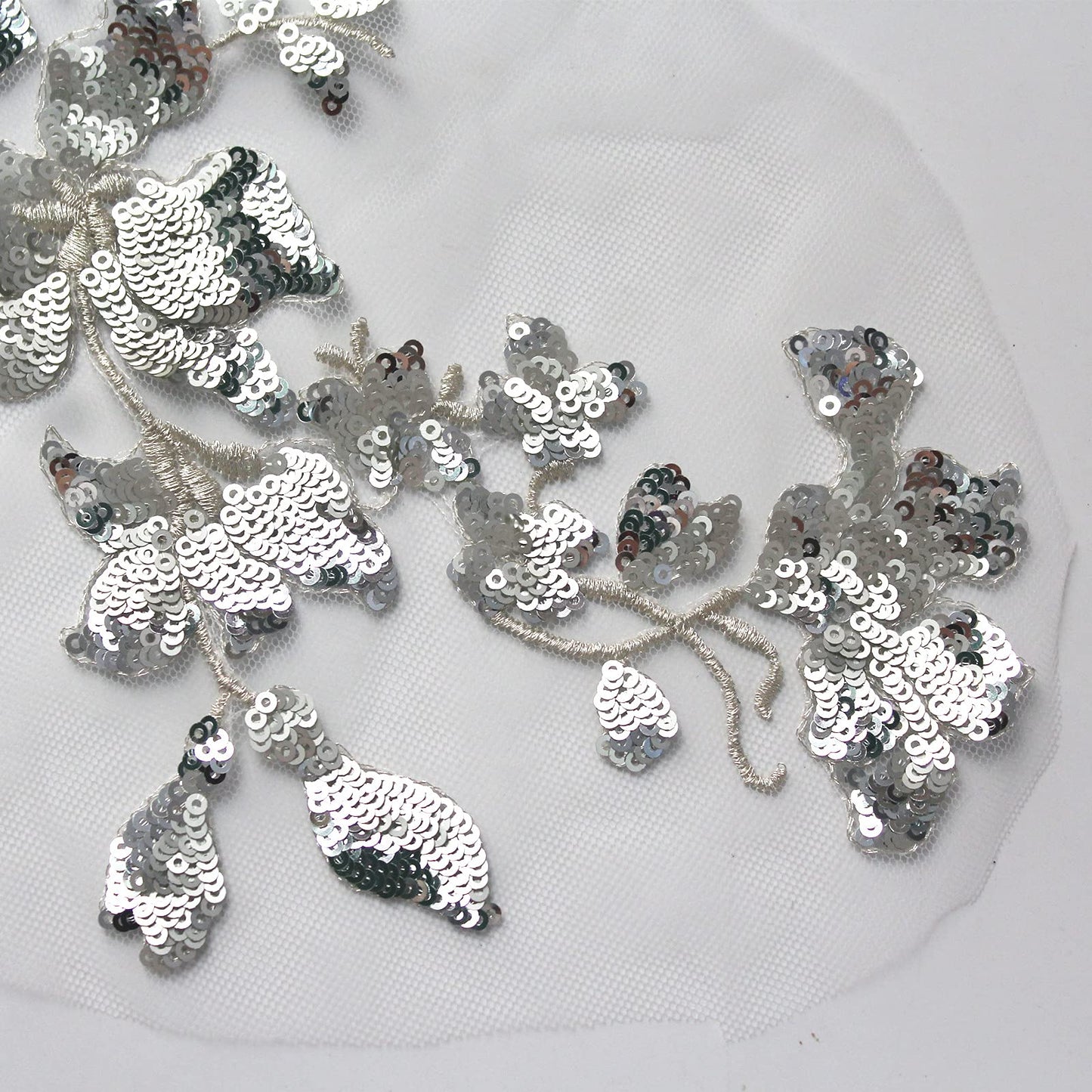 SUNMOVE Embroidery Sequin Lace Applique Sewing Flower Fabric Collar Patch for Wedding Gown Dress Bridal DIY Crafts(Silver)