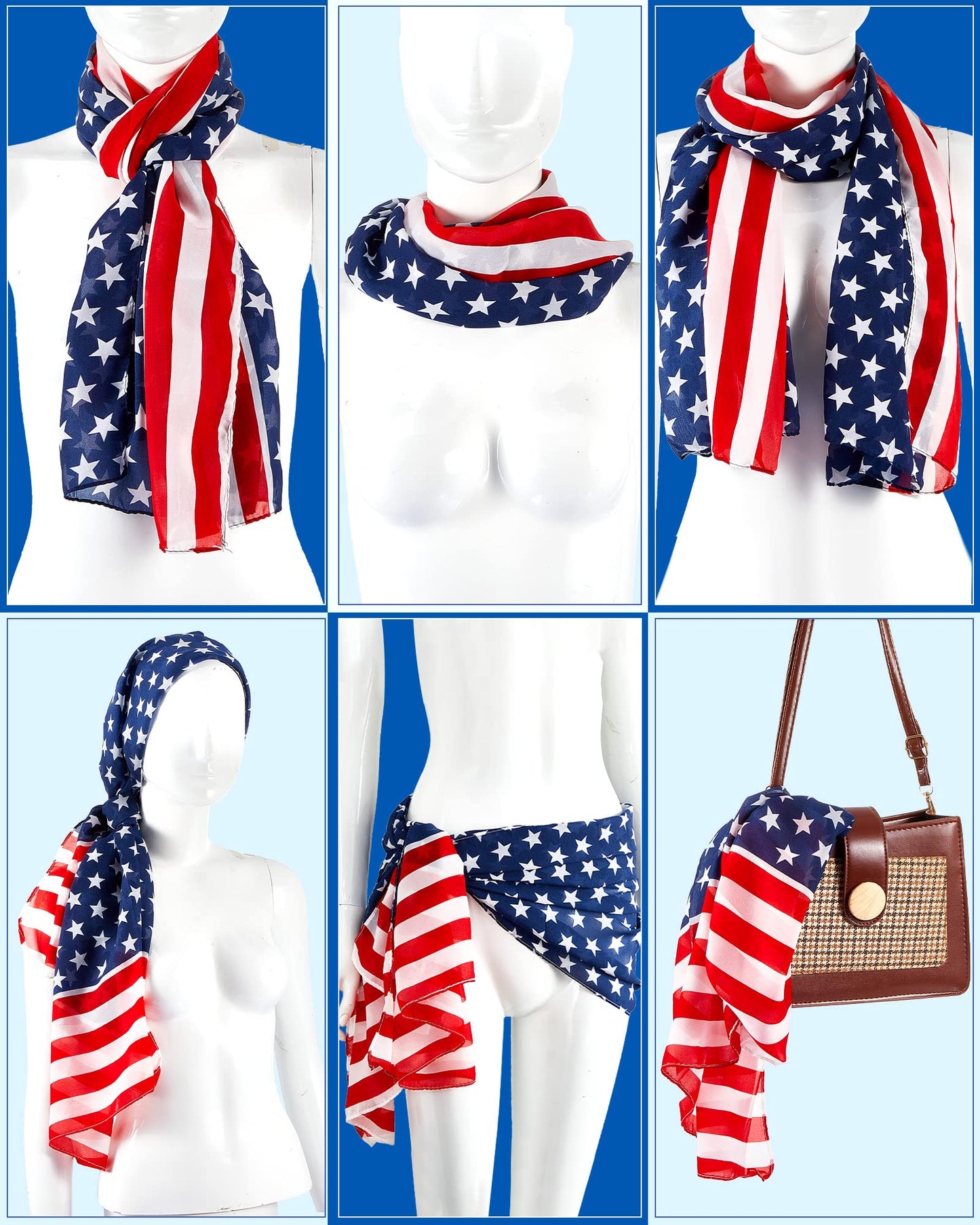 Tarpop 2pcs/6pcs Patriotic Scarf 4th of July Red White Blue Scarf 250th Scarves Flag Shawl for Women Independence Day(Classic)