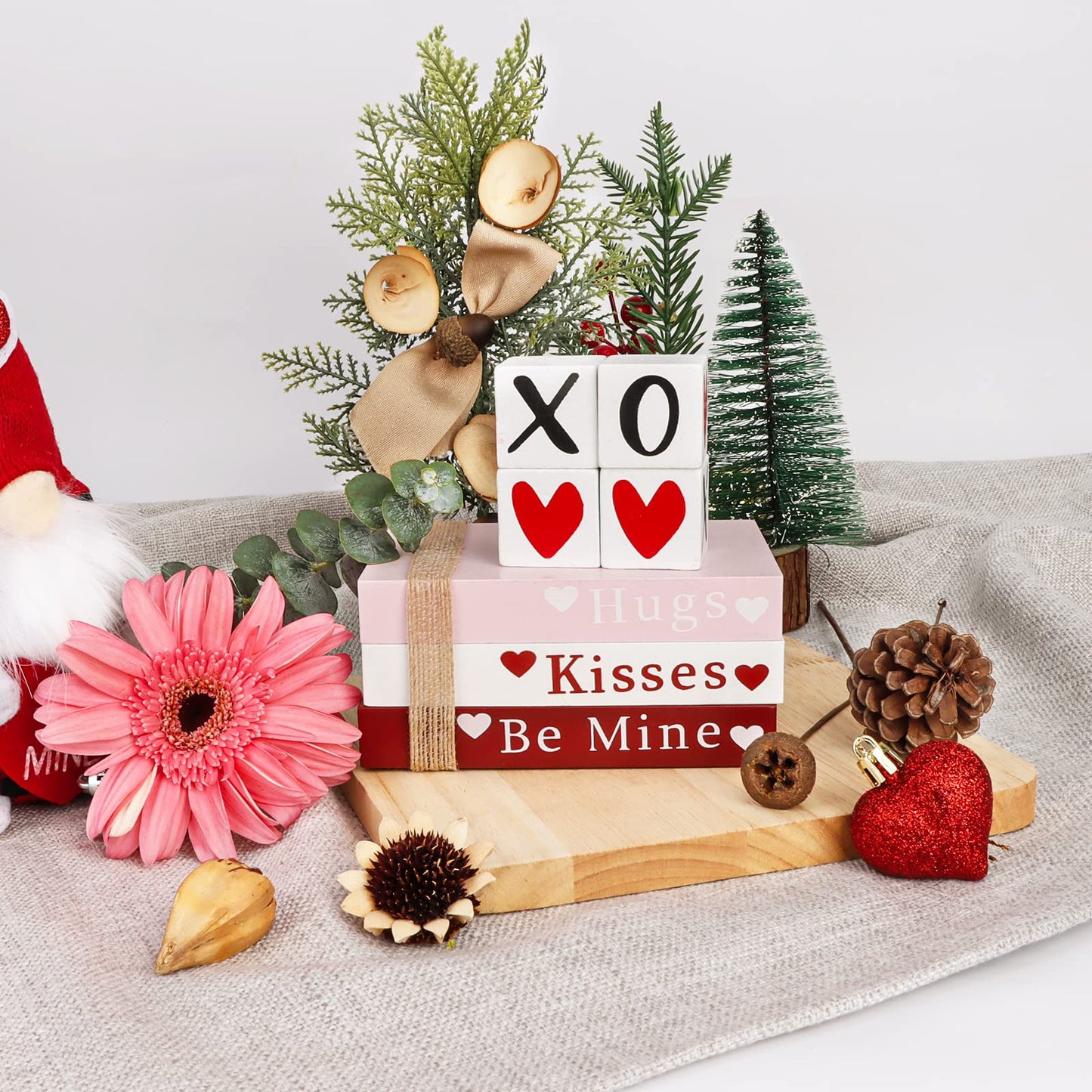 Valentines Day Decor, Wooden Book Stack with 4 XOXO Signs - Valentines Day Decorations for The Home, Tiered Tray, Coffee Table, Fireplace Mantel, Shelf