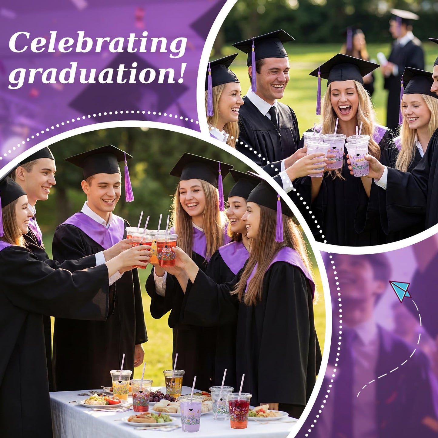 Sliner 50 Sets 16 oz Purple Graduation Plastic Cups Wildflower Congrats Grad Disposable Drinking Cups with Lids and Paper Straws for Hot Cold Drinks Class of 2026 Graduation Party Supplies