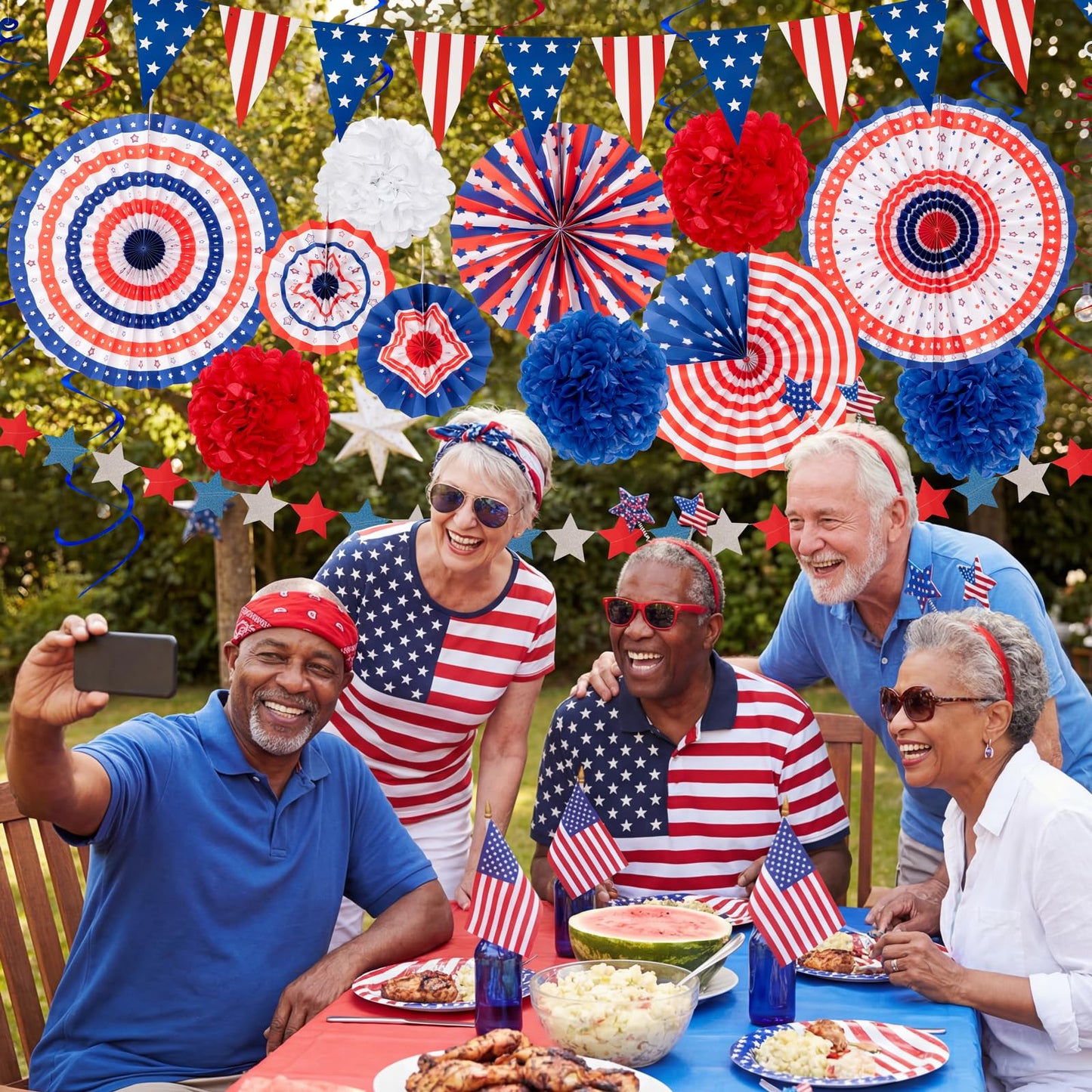 29PCS 4th/Fourth of July Patriotic Decorations Set - 250th Anniversary Red White Blue Paper Fans,USA Flag Pennant,Star Streamer,Pom Poms,Hanging Swirls Party Decor Supplies