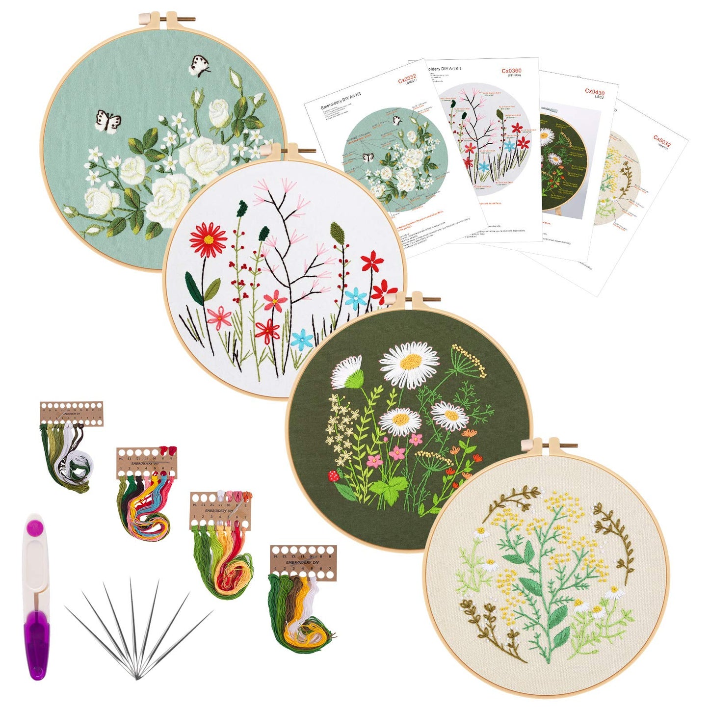 Embroidery Starters Kit with Pattern for Beginners, 4 Pack Cross Stitch Kits, 2 Wooden Embroidery Hoops,Scissors,Needles and Color Threads,Needlepoint Kit for Adults