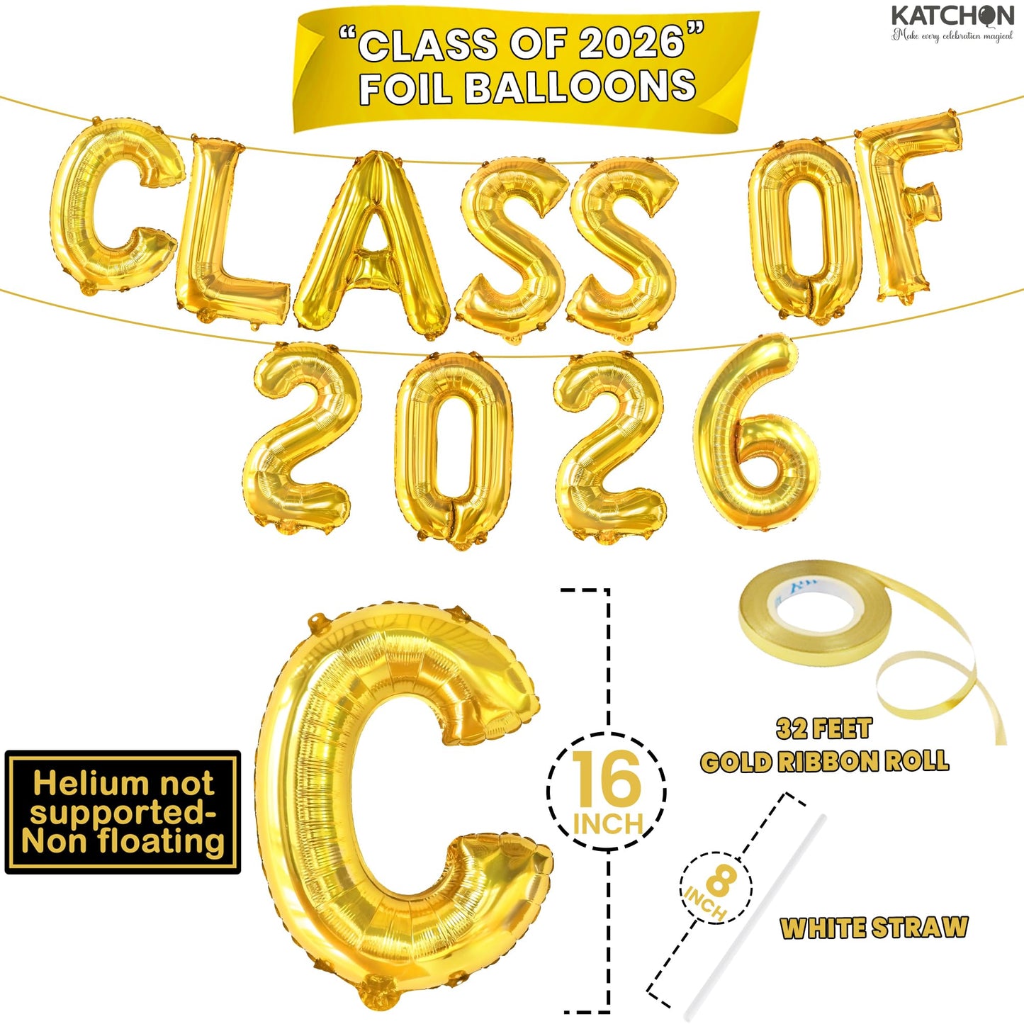 Gold Graduation Decorations 2026, 16 Inch Class of 2026 Balloons | Graduation Balloons Banners, Class of 2026 Banner for Class of 2026 Decorations, Graduation Party Decorations, KatchOn