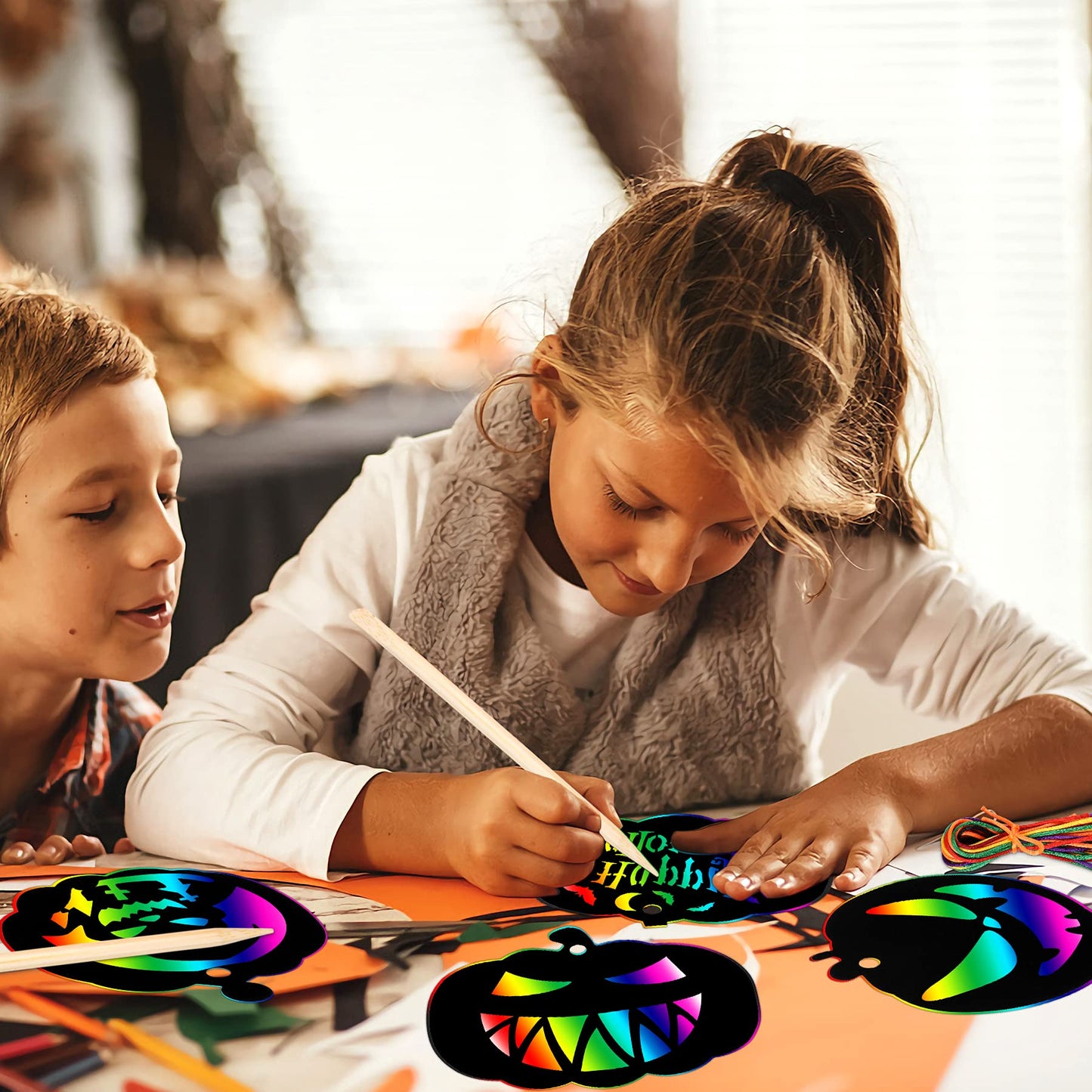 48 Pieces Halloween Scratch Paper Crafts Kit Bulk of Halloween Pumpkins Magic Rainbow Scratch Art for Kids DIY Party Ornaments Halloween Decor with 6 Pcs Halloween Pumpkins Stencils