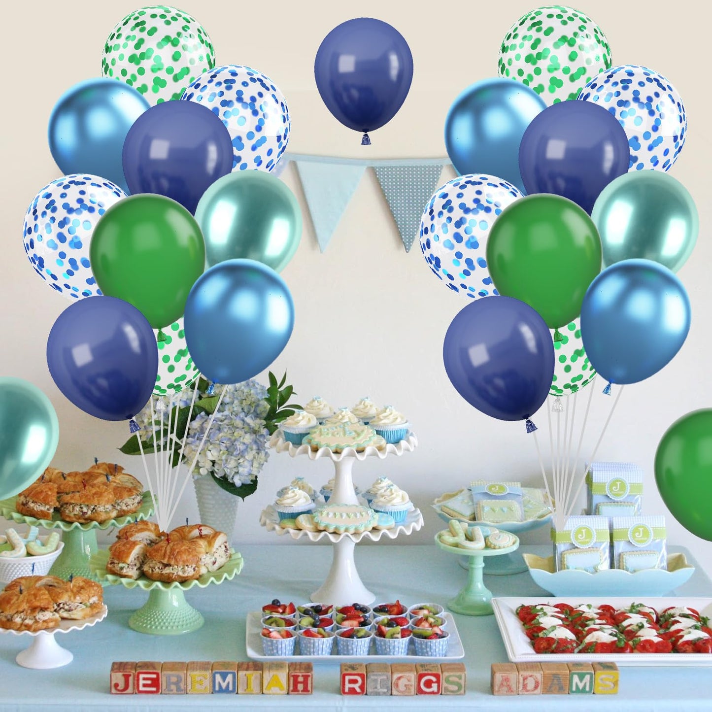 Blue and Green Balloon Set, 12 Inch Navy Blue Dark Green Balloon Metallic Chrome Green Blue Balloons, Confetti Green Blue Balloons for Jungle Safari Theme Boys Birthday Party Decorations