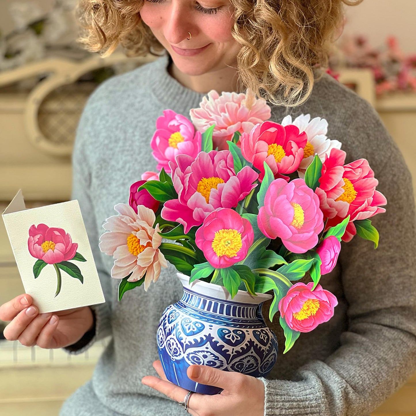 Freshcut Paper Pop Up Cards, Paper Flower Bouquet 3D Popup Greeting Cards with Note Card & Envelope, Birthday Card, Anniversary Card, Get Well Gifts for Women, 12" Peony Paradise