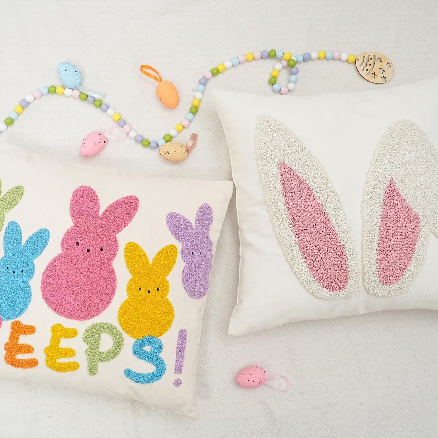 Embroidered Easter Bunny Ears Pillow Cover 18x18 Inch, Spring & Easter Decorations Farmhouse Home Decor Throw Pillow Case for Sofa & Bed GX015-1-18