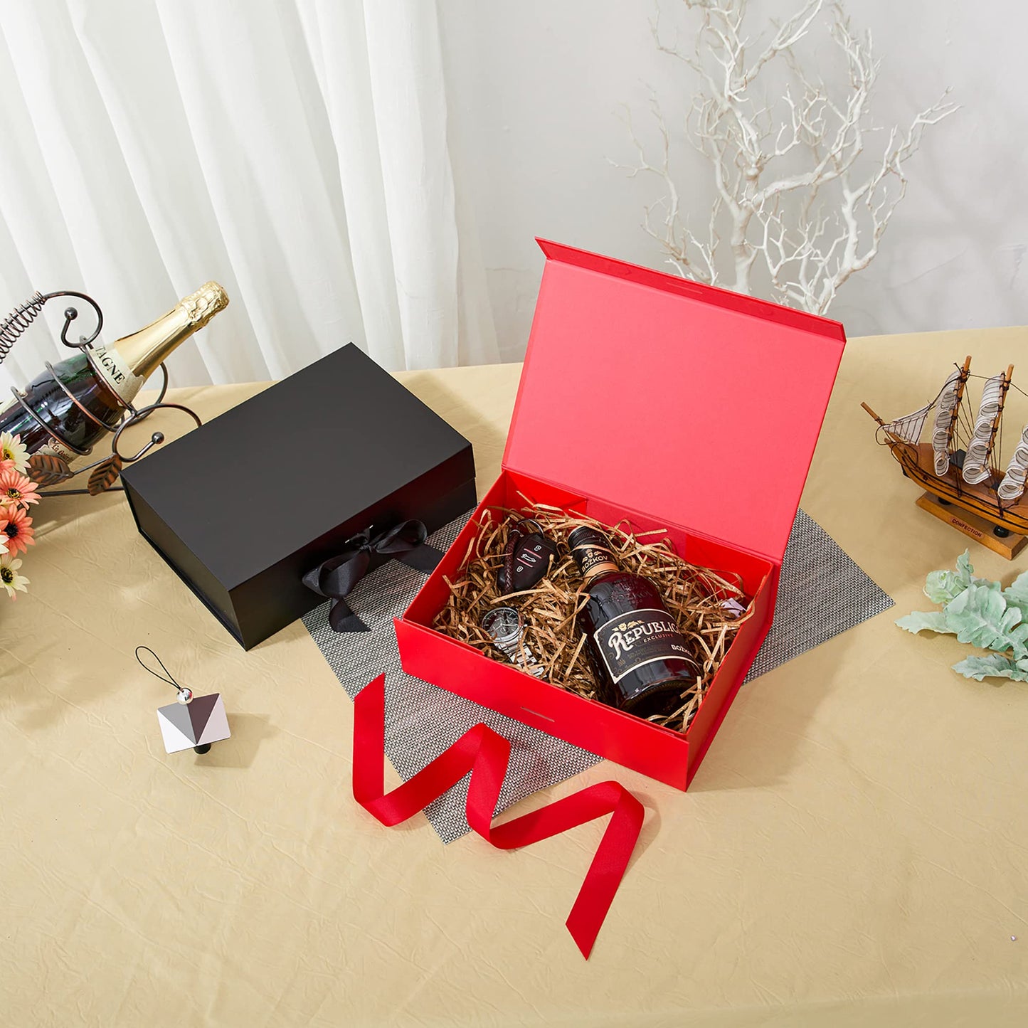 10.5" Large Gift box with Magnetic Lid and Ribbon for Christmas,Valentine's day,Birthdays, Bridal Gifts,Weddings,DIY and so on(Large, Black)