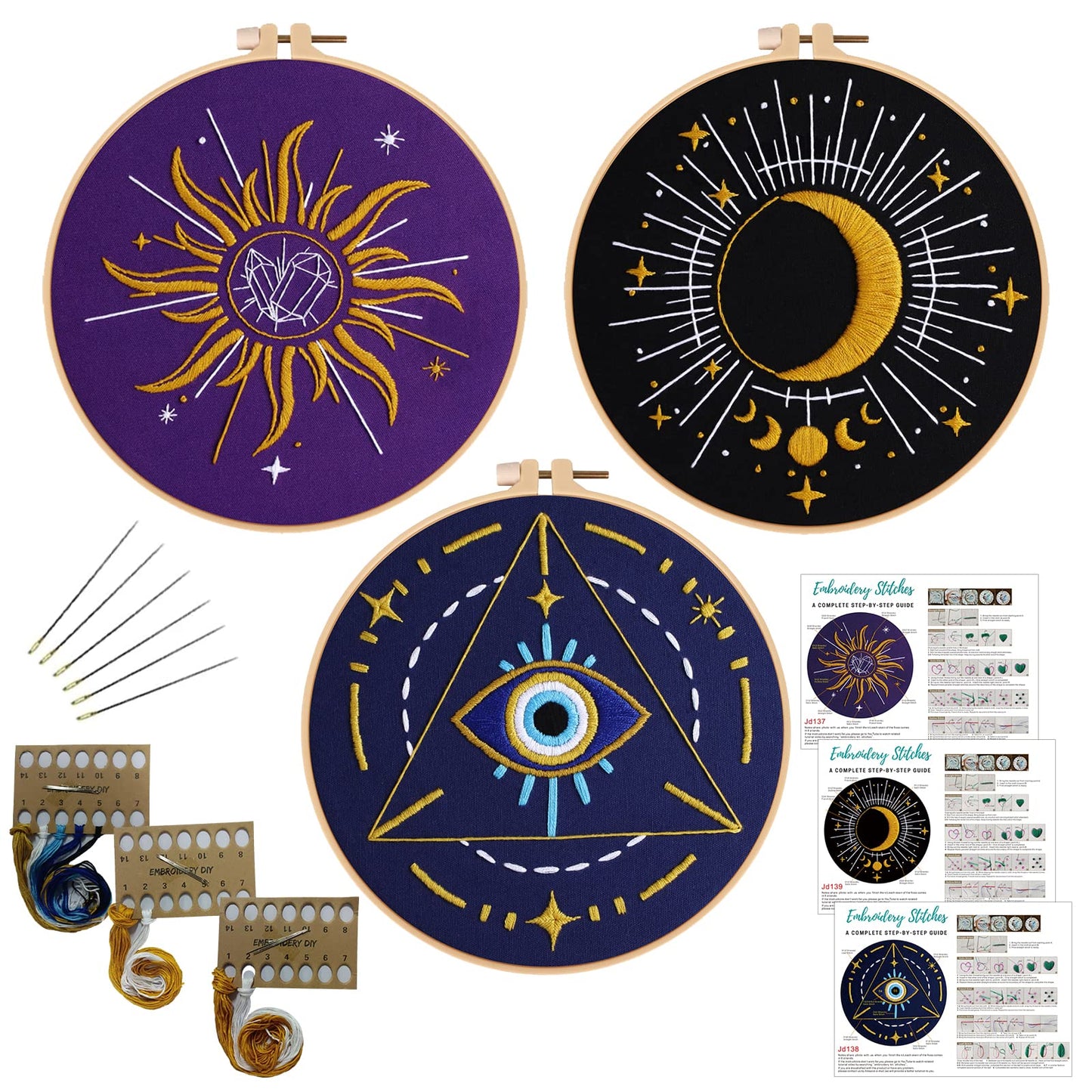 Louise Maelys 3 Set Tarot Embroidery Kits for Beginners with Sun Moon Evil Eye Pattern,Adults Starter Cross Stitch Kit DIY Needlepoint