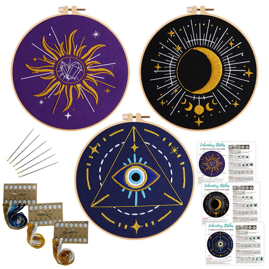 Louise Maelys 3 Set Tarot Embroidery Kits for Beginners with Sun Moon Evil Eye Pattern,Adults Starter Cross Stitch Kit DIY Needlepoint
