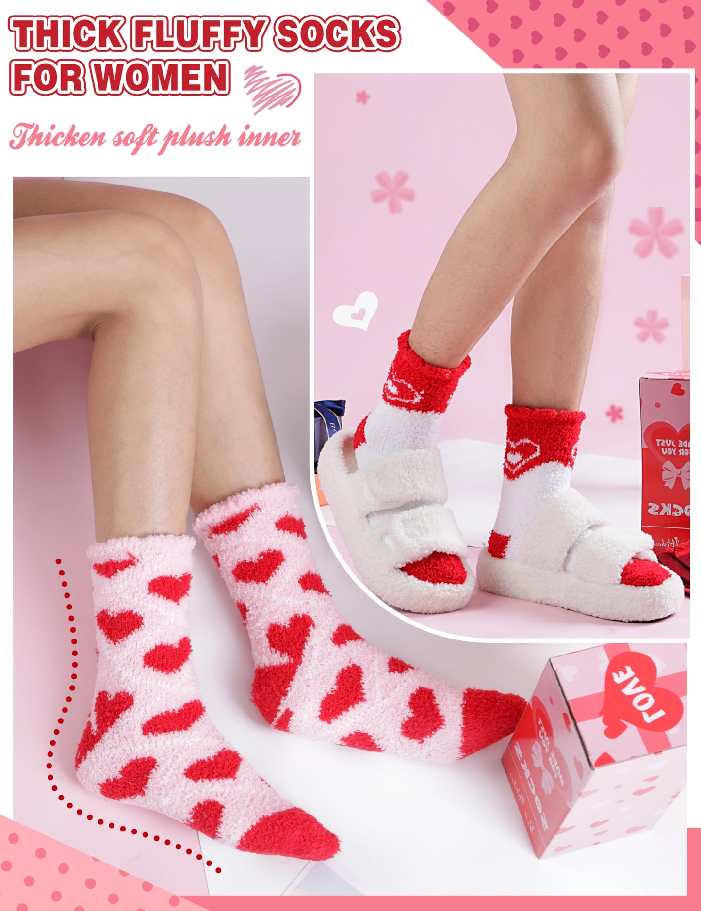 Fuzzy Socks for Women Galentines Day Gifts Fluffy Warm Cozy Winter Slipper Thick Crew Fleece Comfy Sleep Plush Heart Socks 5 Pairs Stocking Stuffers (Red/White Love,M)