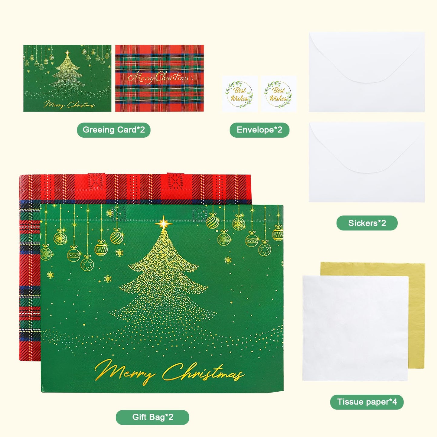 2 Pack 13" Large Christmas Gift Bags with Tissue Paper, Reusable Non-Woven Christmas Bag with Handles for Holiday Presents Wrapping, Holiday Tote Bags for Gifts Wrapping Xmas Party Favors