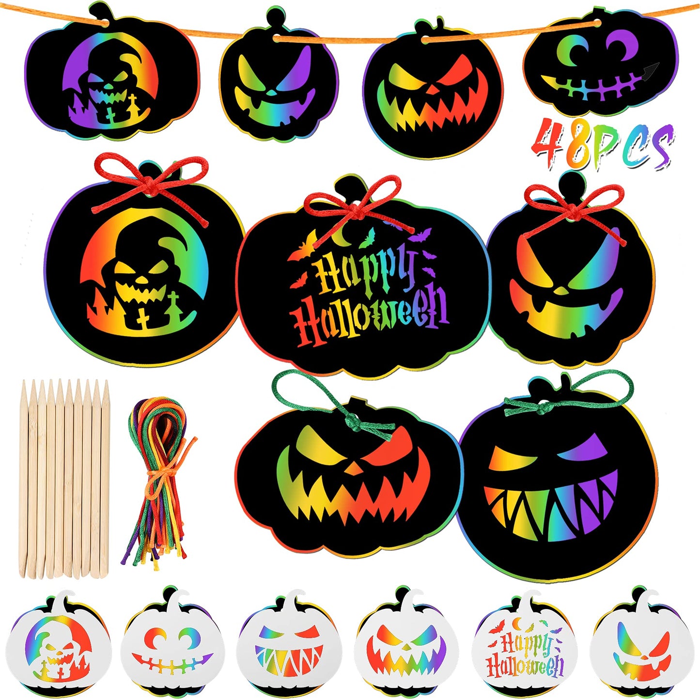 48 Pieces Halloween Scratch Paper Crafts Kit Bulk of Halloween Pumpkins Magic Rainbow Scratch Art for Kids DIY Party Ornaments Halloween Decor with 6 Pcs Halloween Pumpkins Stencils