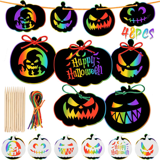 48 Pieces Halloween Scratch Paper Crafts Kit Bulk of Halloween Pumpkins Magic Rainbow Scratch Art for Kids DIY Party Ornaments Halloween Decor with 6 Pcs Halloween Pumpkins Stencils