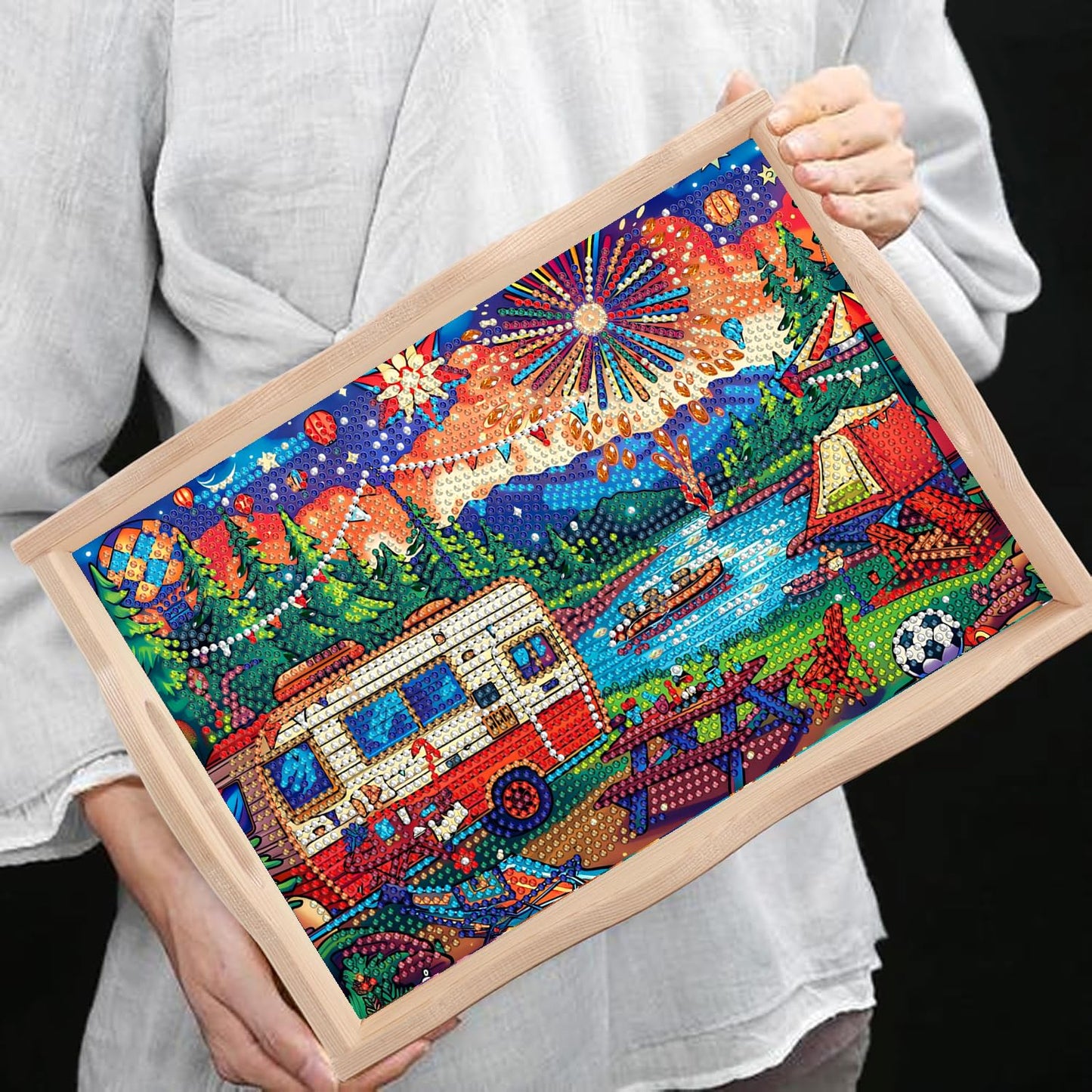 DOTSOPS 5D Diamond Art Kits for Adults Wooden Serving Tray with Handle Special Diamond Painting Plate Big Gem Dots Paint by Numbers Crafts Kits for Living Room Carnival 7.8x11.8 Inches
