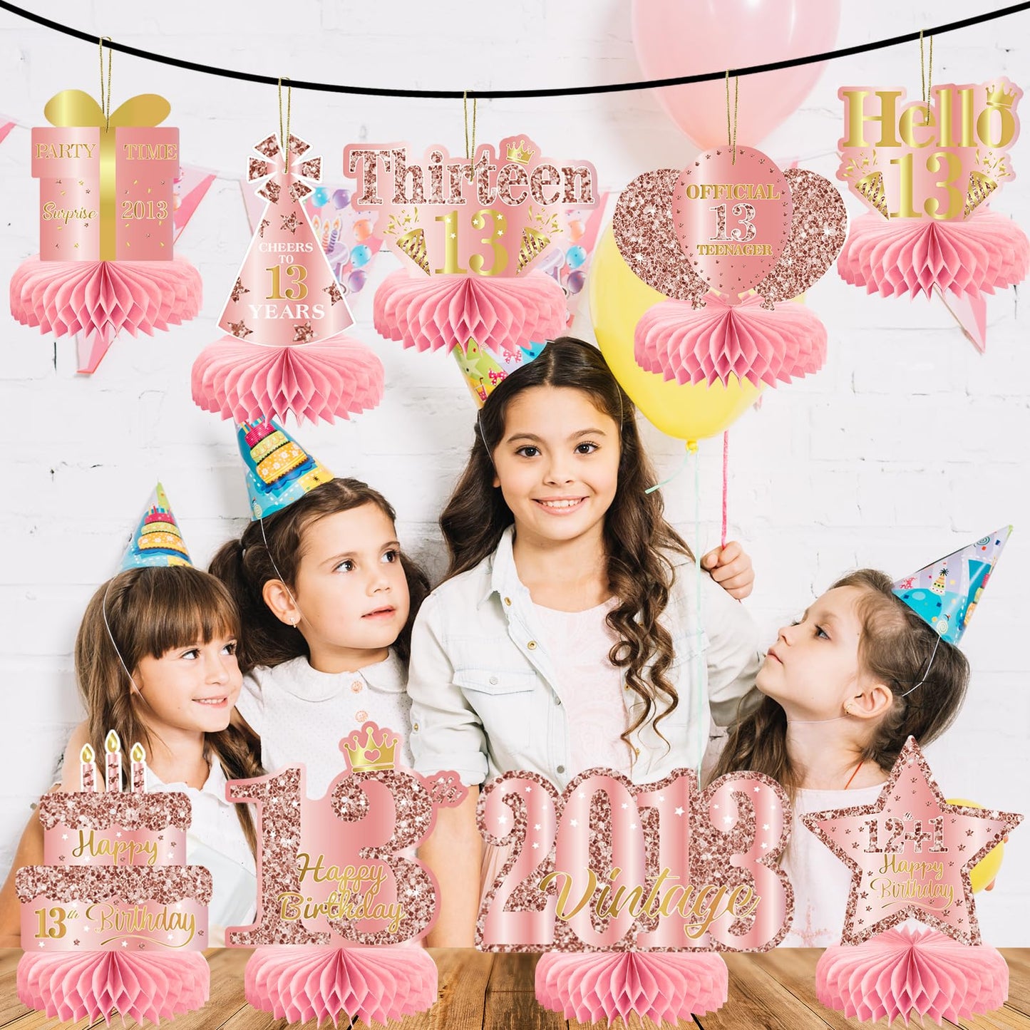9Pcs 13th Birthday Decorations Rose Gold 13th Birthday Party Decorations for Girls,Pink Happy 13 Years Honeycomb Centerpieces Table Sign Decor Supplies