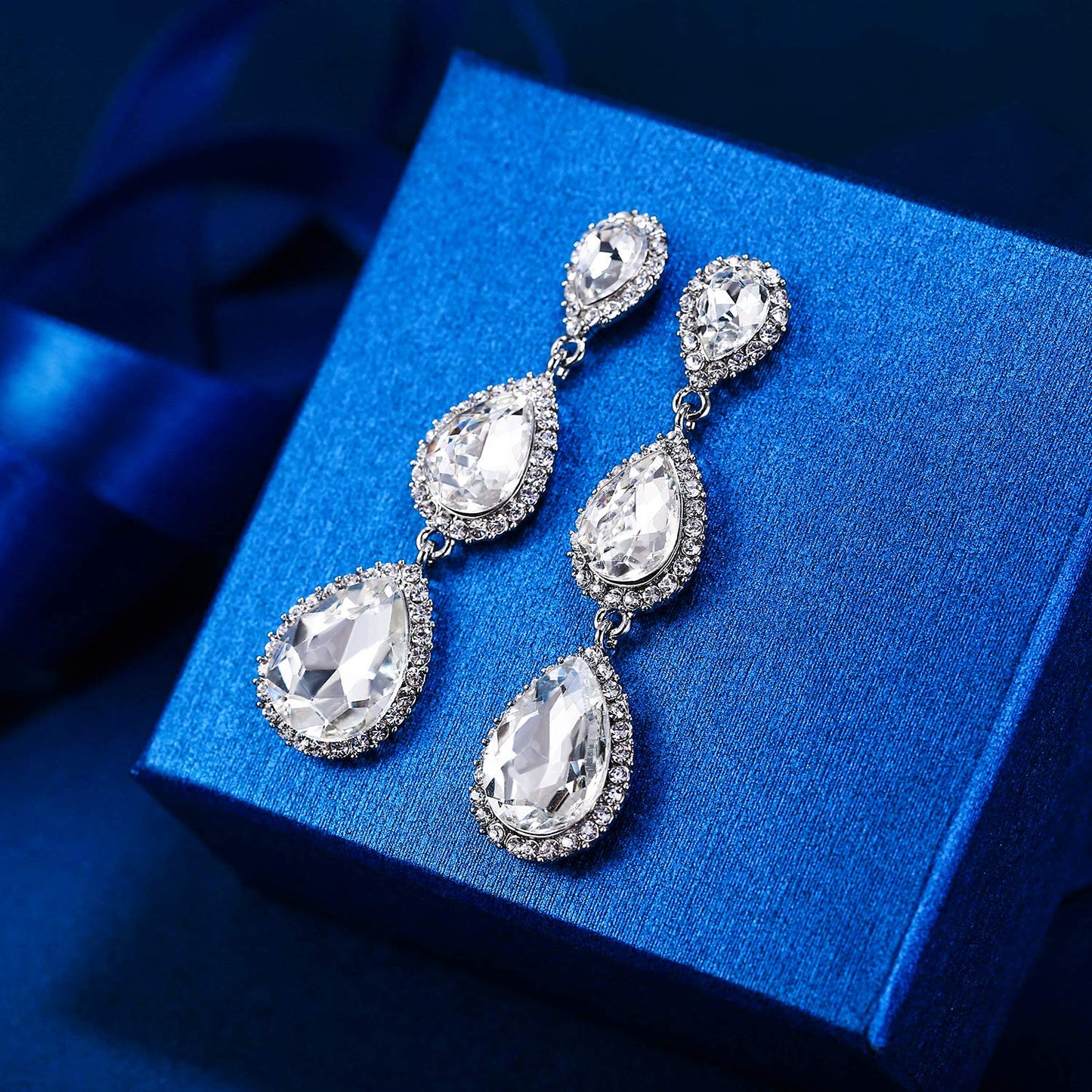 EleQueen Women's Silver-tone Austrian Crystal Tear Drop Pear Shape Long Dangle Earrings Silver-tone Clear