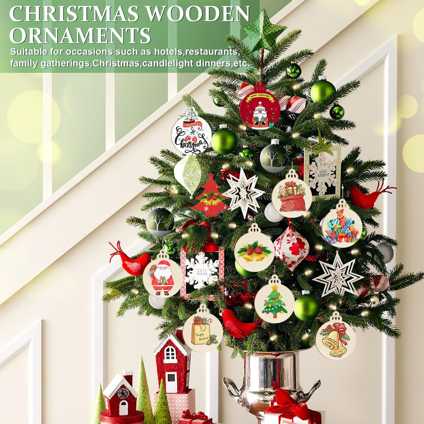 Wooden Christmas Ornaments to Paint Christmas Bell Decoration Cutouts Unfinished 24PCS 3.5 x 3 inches, DIY Blank Unfinished Christmas Tree Wood Discs Ornament for Home Crafts Hanging