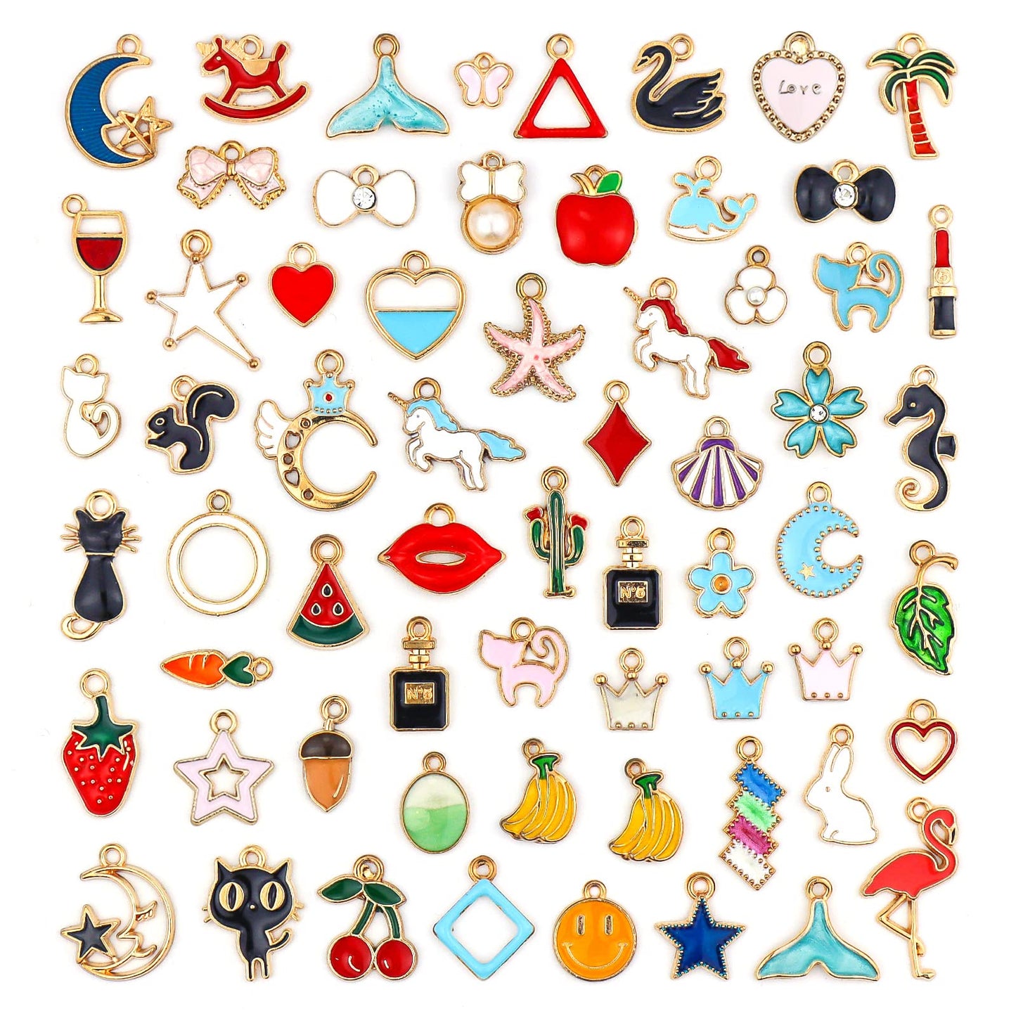 JIALEEY 60PCS Assorted Gold Plated Enamel Animal Moon Star Fruit Charm Pendant DIY for Necklace Bracelet Jewelry Making and Crafting
