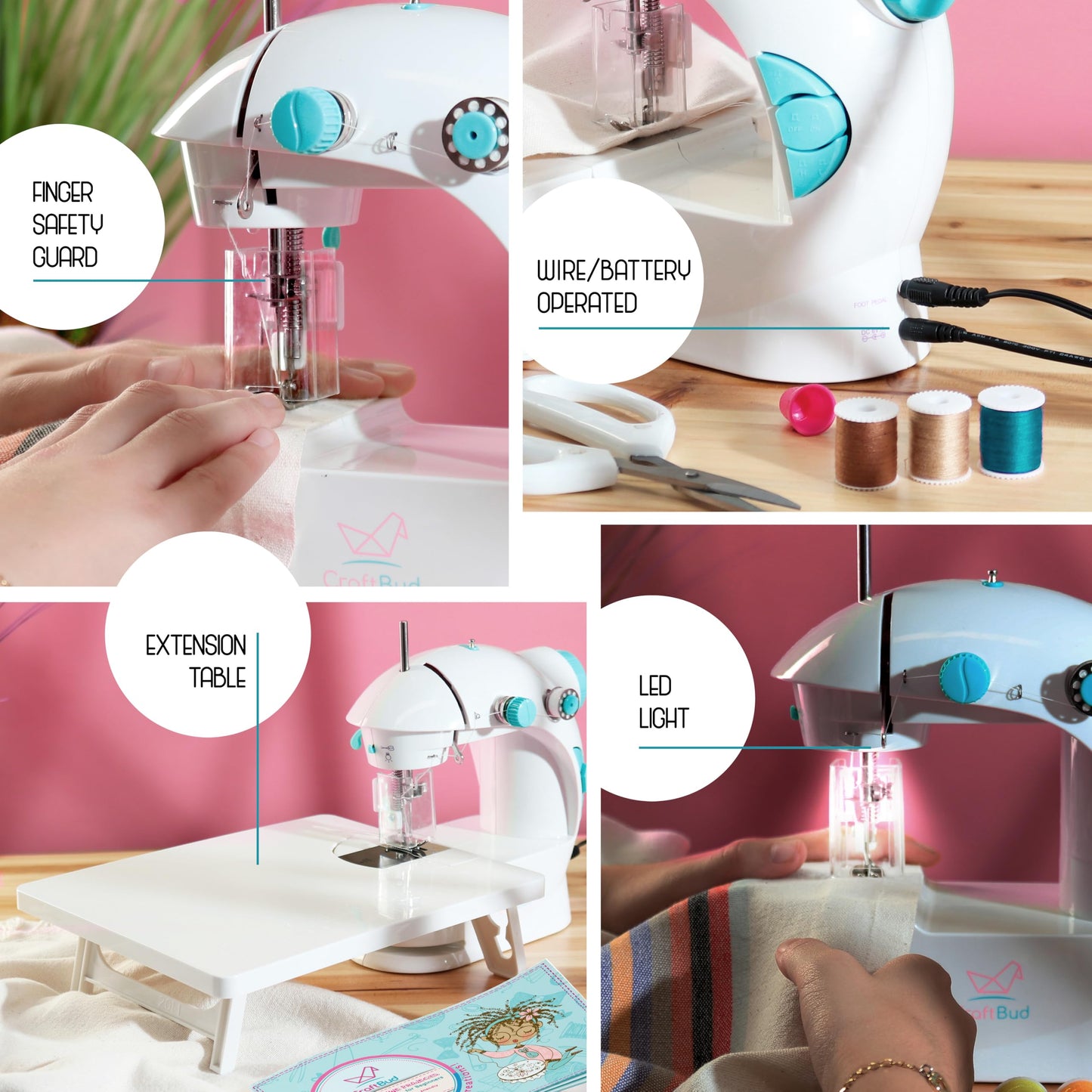 CraftBud Mini Sewing Machine for Beginners, Dual Speed Small Portable Sewing Machine for Kids and Adults with Extension Table, 48 Piece Gift Set Includes, Pedal, Projects Book, Light and More, White
