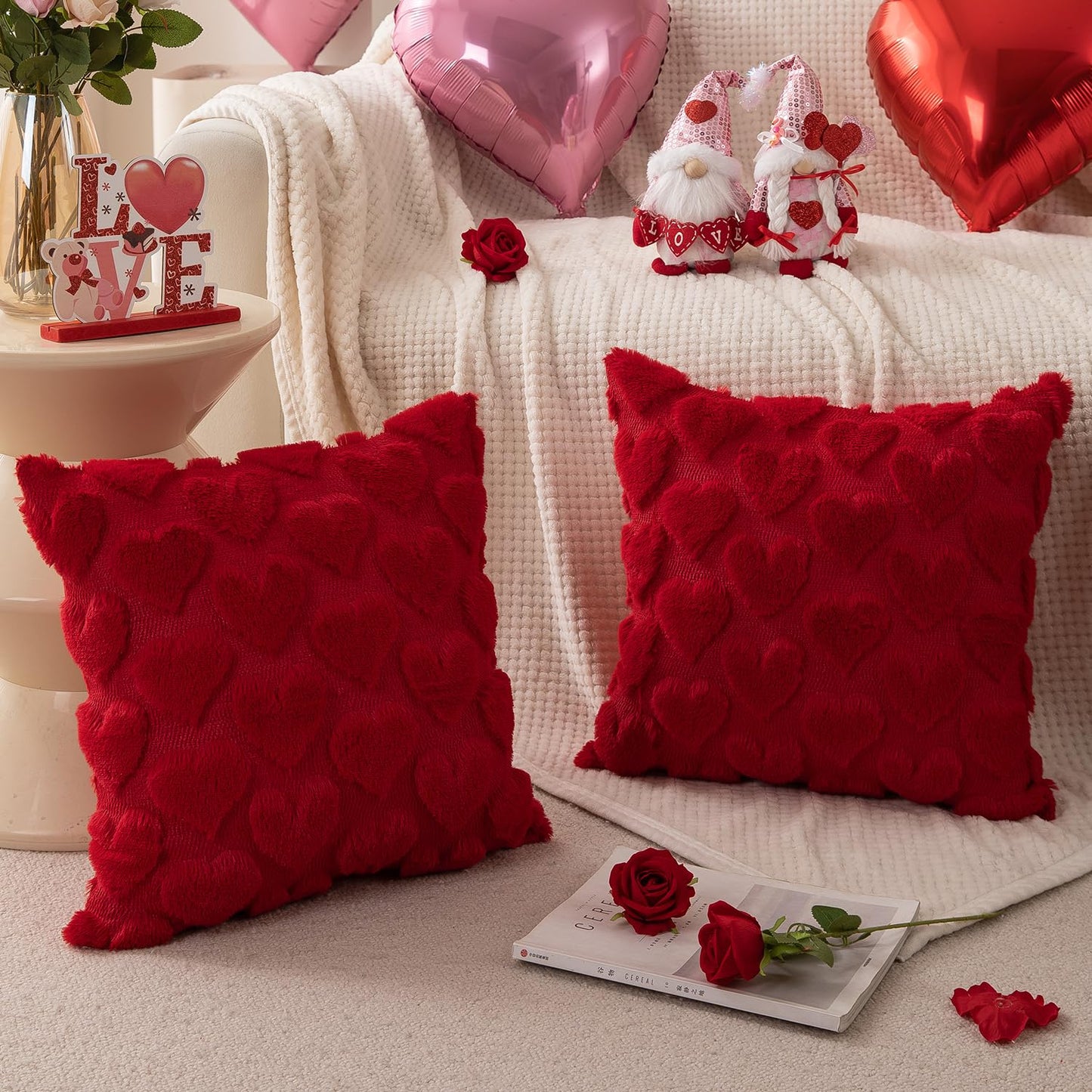 Valentines Pillow Covers 18x18 inch Set of 2 Valentines Day Decoration Red Heart Soft Plush Faux Fur Jacquard Throw Pillows for Bedroom Sofa Holiday Festivals Home Decor PTK017A18