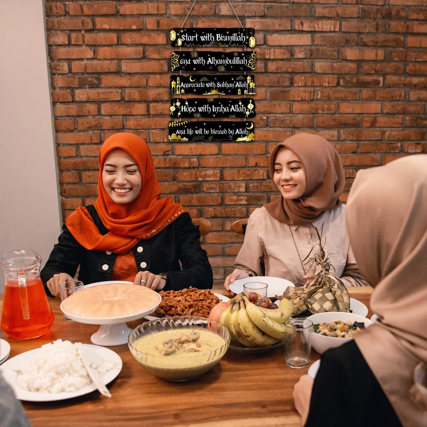 Islamic Wall Sign Eid Ramadan Mubarak Decorations Start and End with Allah Wall Art Allah Pediment Inspirational Wooden Hanging Muslim Plaque for Islamic Home Eid Al Fitr Supplies (Black)