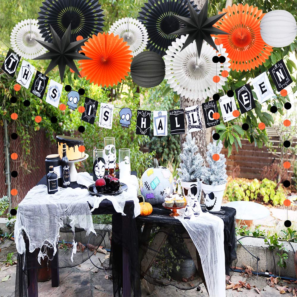 Orange White Black Halloween Decorations, Hanging Tissue Paper Fans Circle Garland Paper Lanterns for Graduation Wedding Anniversary Birthday Backdrop Decor