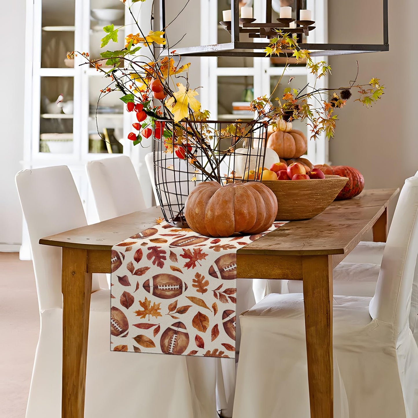 Fall Table Runner 13x72 Inch,Football with Maple Leaves Table Decors for Seasonal Harvest Autumn Thanksgiving Farmhouse Home Kitchen Dining Party
