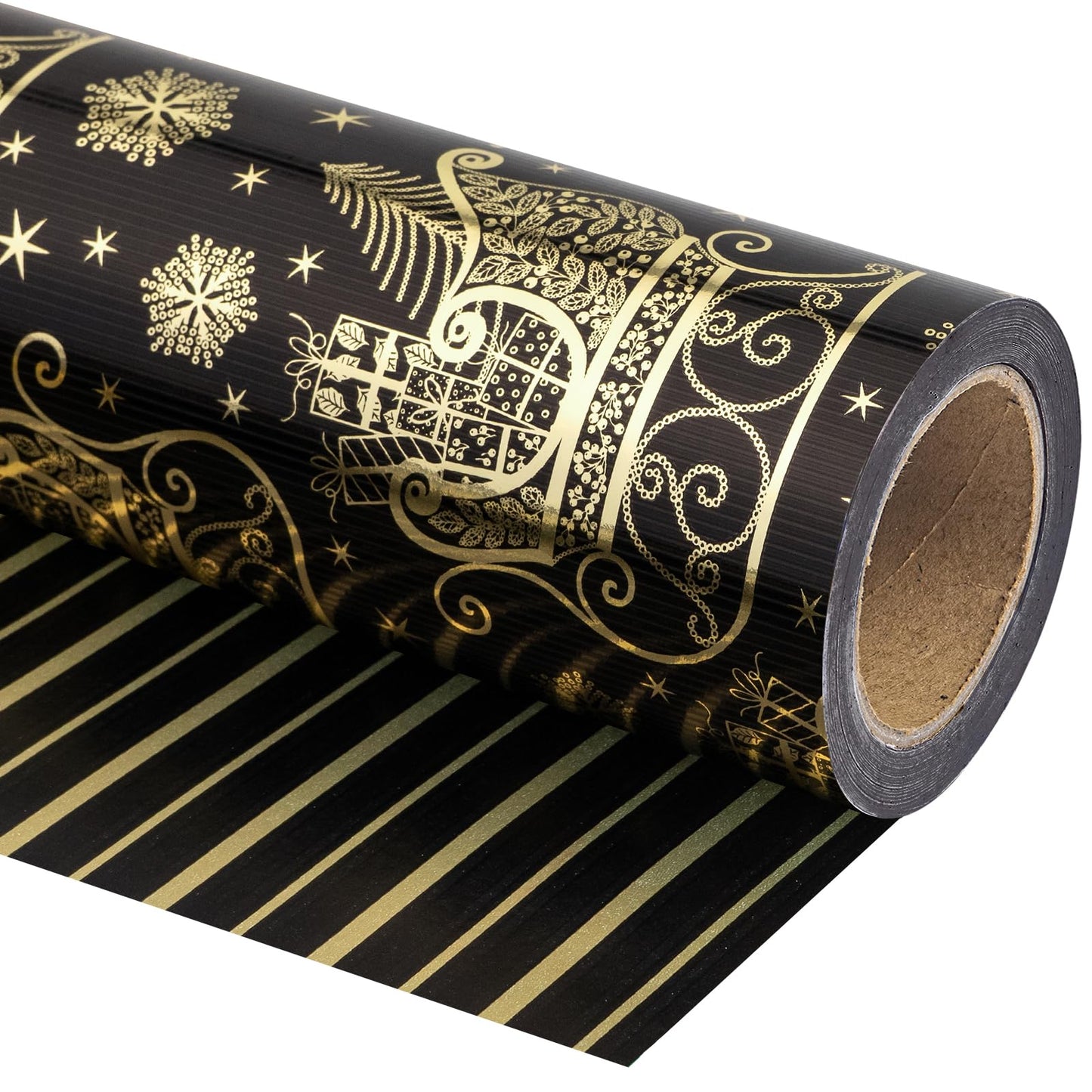 Reversible Black and Gold Christmas Wrapping Paper - Mini Roll - 17 Inch x 33 Feet - Black Gold Sleigh and Stripe Wrapping Paper with Metallic Foil Shine for Christmas, Holiday, Party