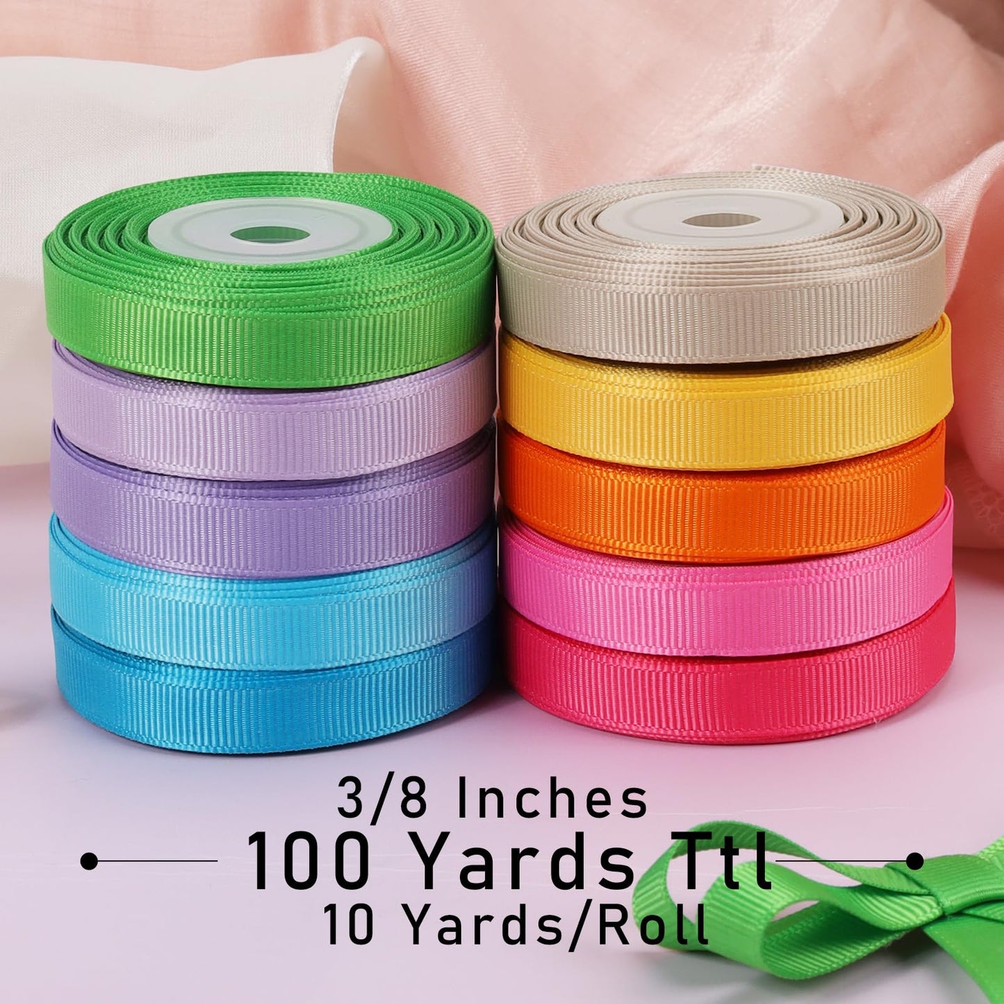 3/8 Inch 100 Yards Grosgrain Ribbon Set 10 Yd/Roll 10 Rolls Spring Easter Craft Ribbon for Gift Wrapping Floral Bouquets Wedding Party Decoration