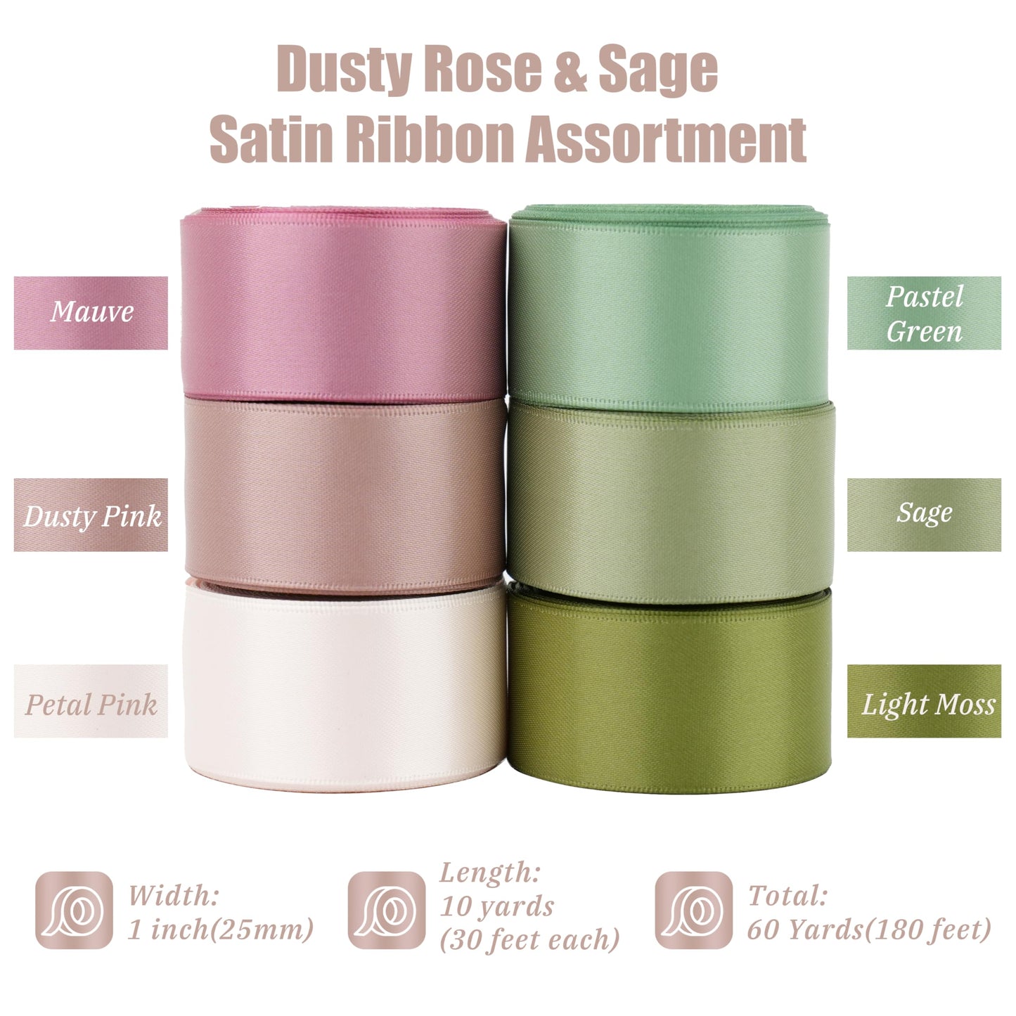 6 Rolls Sage Green and Dusty Rose Ribbon 1 Inch Green Pink Satin Ribbon Blush and Sage Ribbon for Wedding Baby Shower Backdrop Garland Gift Wrapping - 60Yards