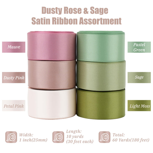 6 Rolls Sage Green and Dusty Rose Ribbon 1 Inch Green Pink Satin Ribbon Blush and Sage Ribbon for Wedding Baby Shower Backdrop Garland Gift Wrapping - 60Yards