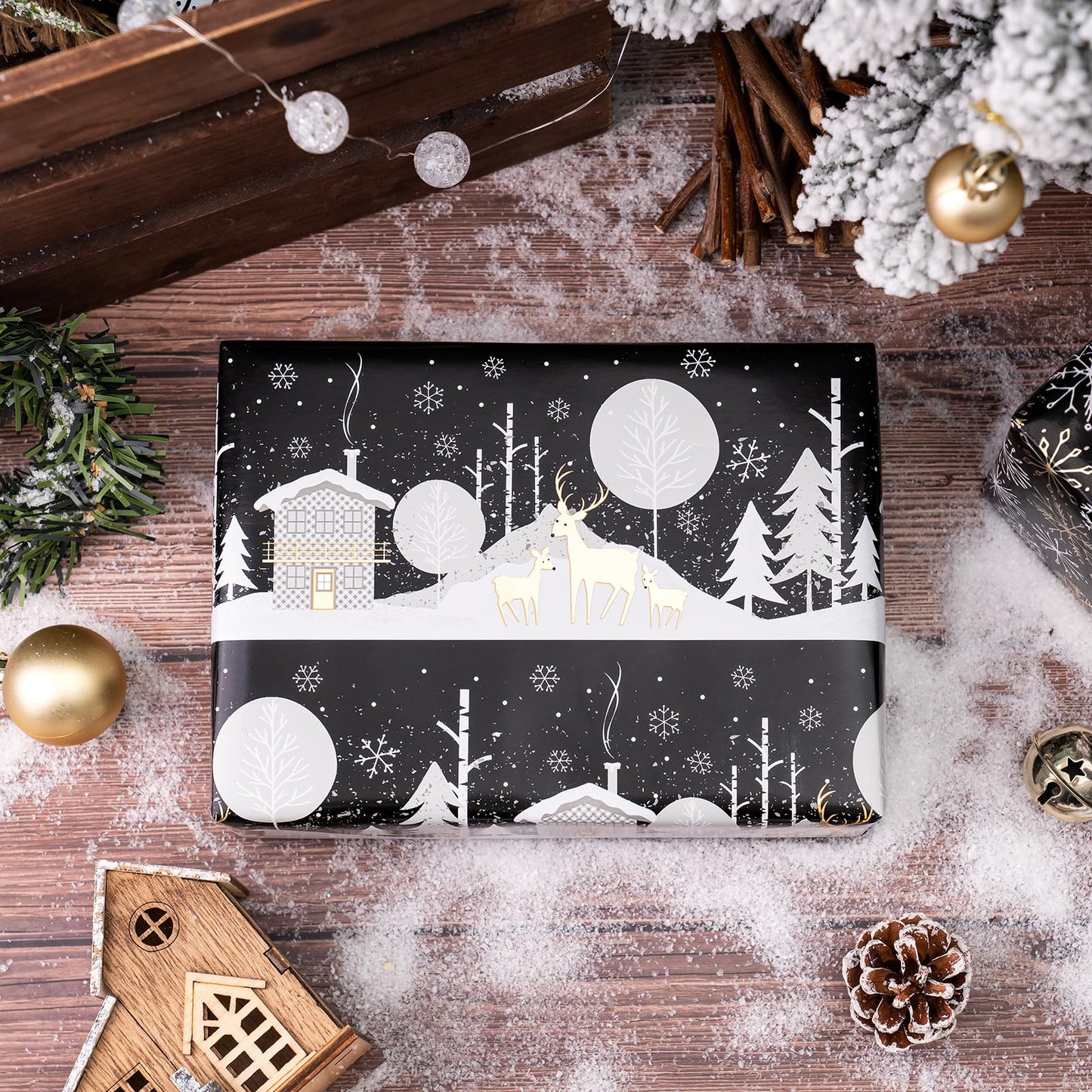 Christmas Wrapping Paper Roll - Mini Roll - 3 Rolls - 17 Inch X 120 Inch Per Roll - Black and Gold Reindeer Family, Snowflake Holiday Collection with Metallic Foil Shine