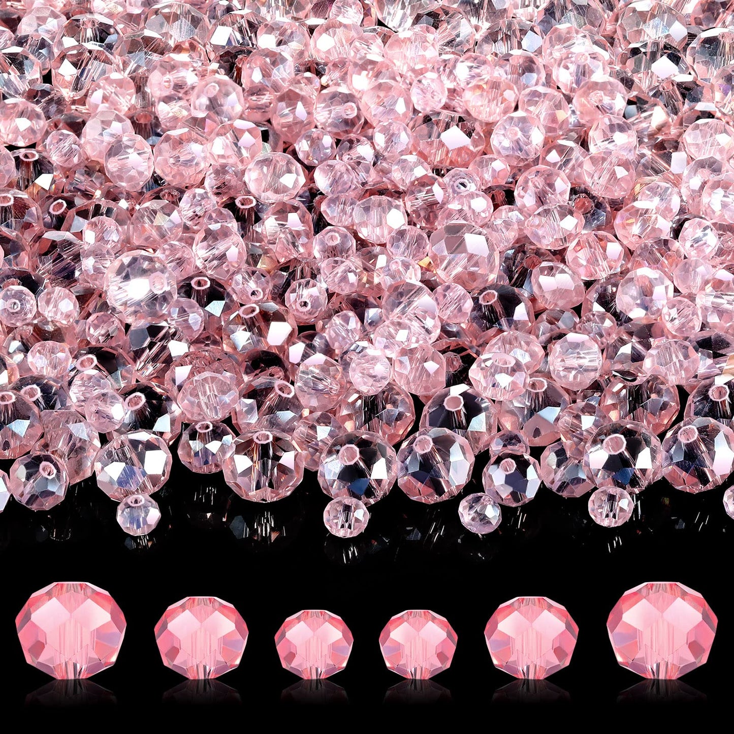600 Pcs Crystal Glass Beads for Jewelry Making Bulk Faceted Gemstone Rondelle Loose Beads for Bracelet DIY Crafts 8 mm, 6 mm, 4 mm(Pink AB Color)