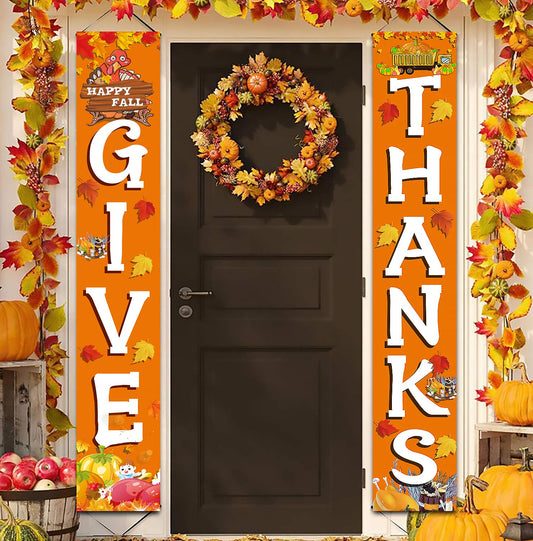 GIVE THANKS Hanging Banner Porch Sign Autumn Pumpkin Maple Leaf Backdrop Flag Fall Harvest Welcome Banner For Indoor Outdoor Wall Door Decoration Thanksgiving Party Decorations 72"x12"