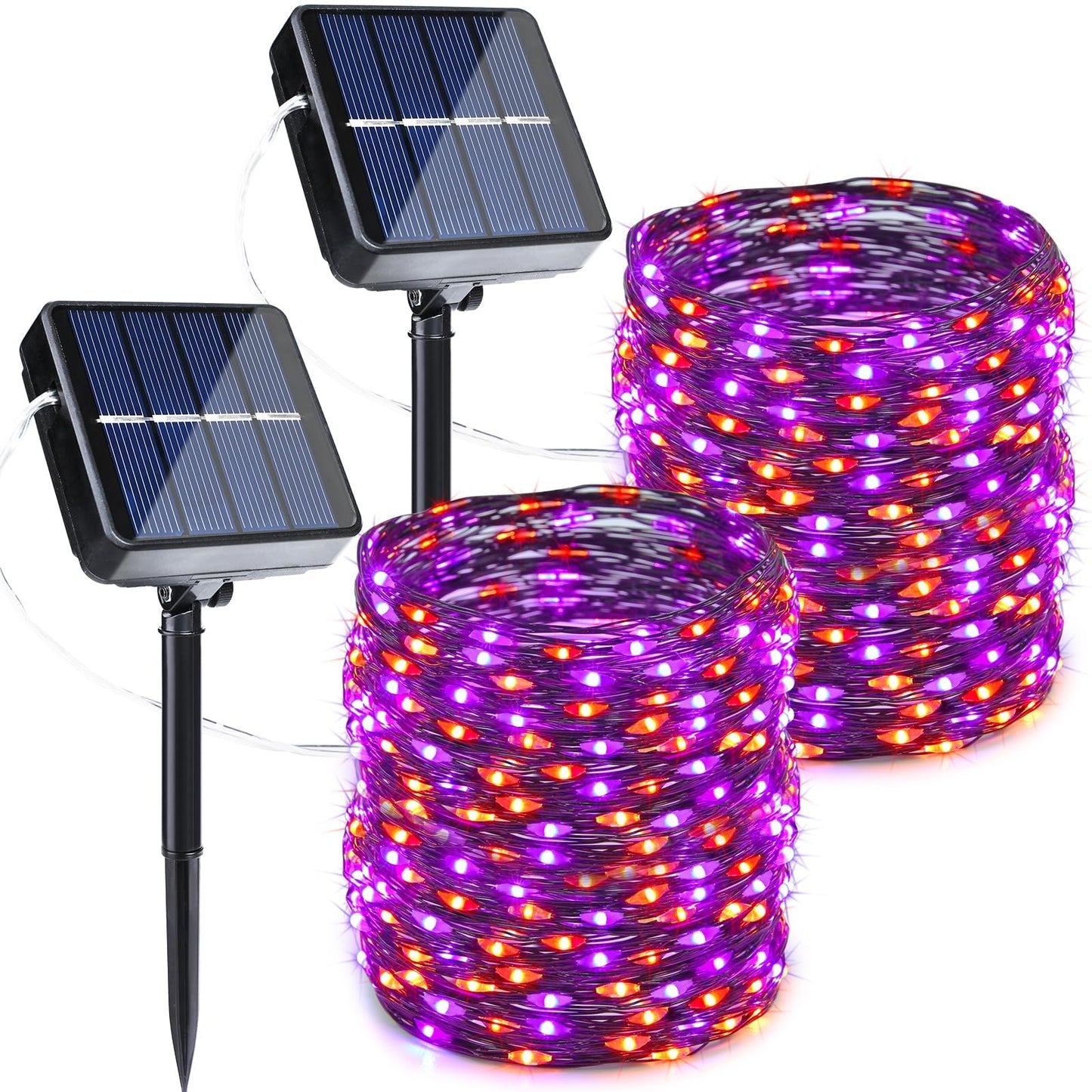 Joomer Orange Purple Halloween Solar String Lights 2Pack Total 100ft 300LED 8 Modes Solar Fairy Lights, Waterproof Lights Black Wire for Halloween Decorations