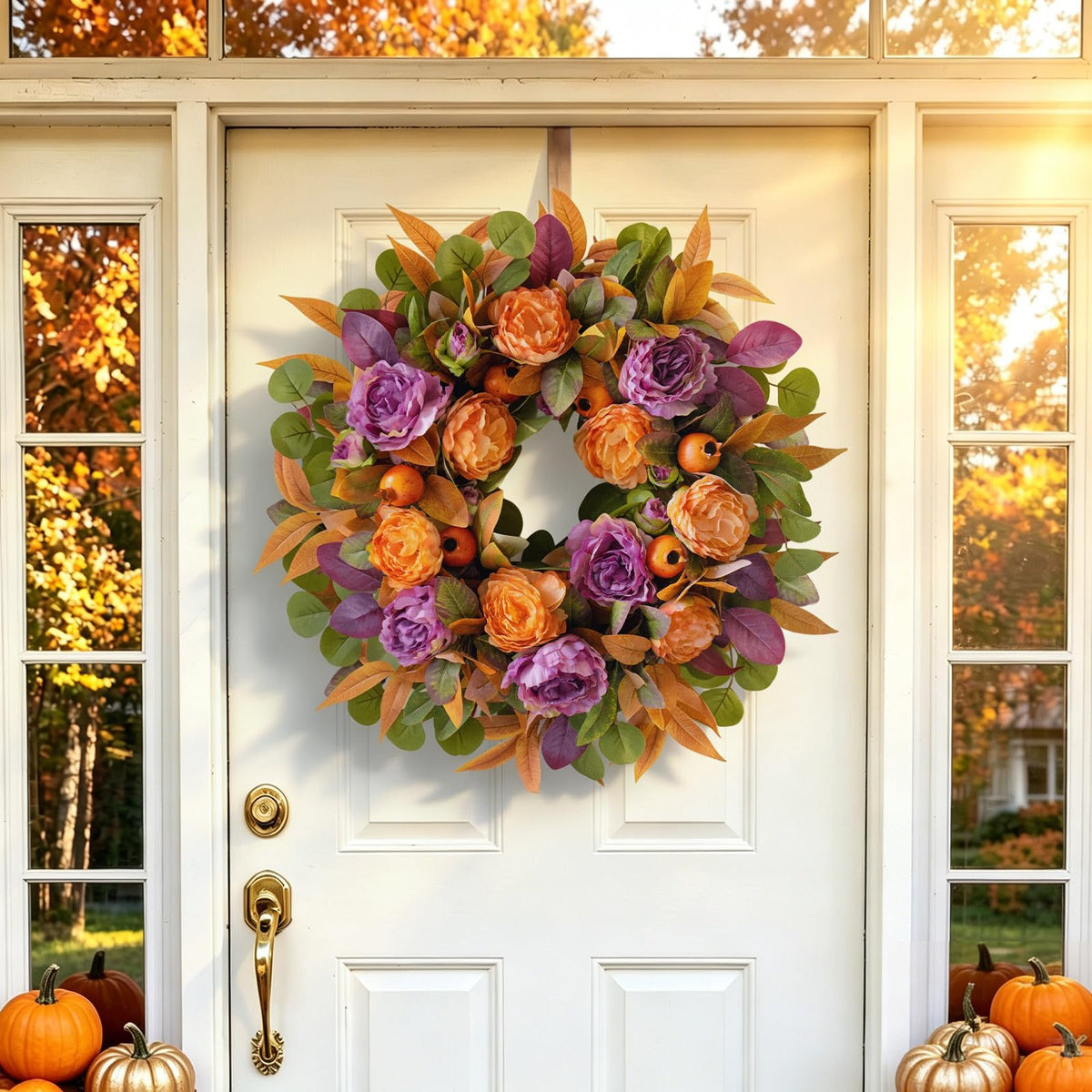 24 Inch Harvest Fall Wreath for Front Door Outside with Orange Purple Peony