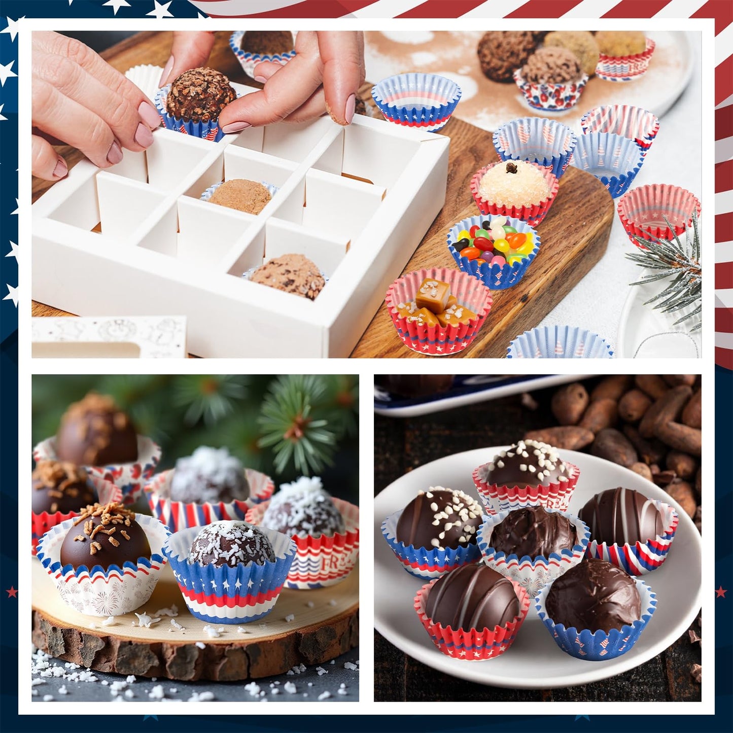 AUGSUN 800pcs 4th of July Mini Cupcake Liners Independence Day Baking Mini Muffin Cupcake Wrappers for Patriotic Holiday Birthday Veterans Party Cake Candy Chocolate Decorations Supplies