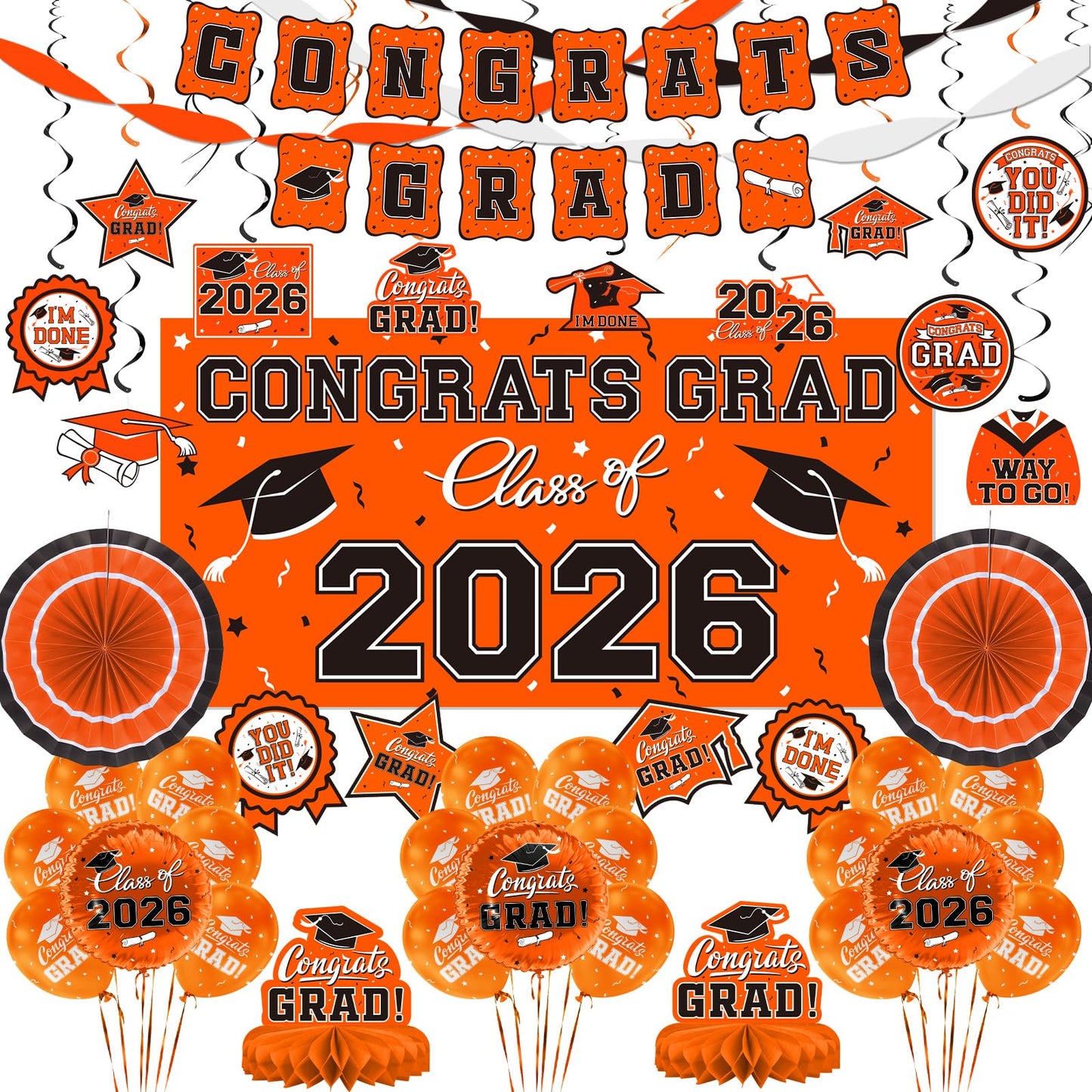 Orange Themed 2026 Graduation Decorations Set - Congrats Grad Banner, Class of 2026 Backdrop, Balloons & Streamers Kit - Complete Party Supplies for High School & College Celebrations