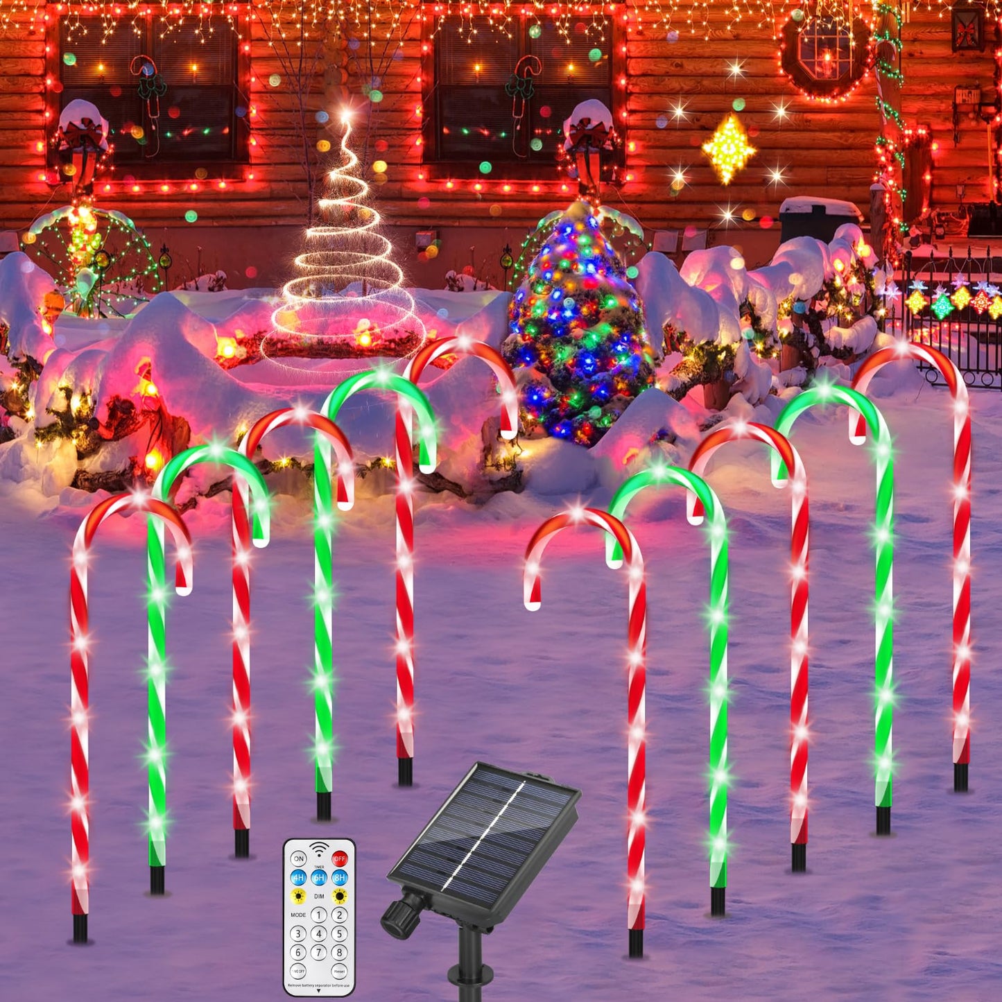 Solar Christmas Pathway Lights Outdoor Decorations, Solar Candy Cane Lights for Yard Patio Garden Walkway with 8 Light Mode, Remote, Timer, 48 LED, Upgraded Christmas Outdoor Decorations, 8 Pack