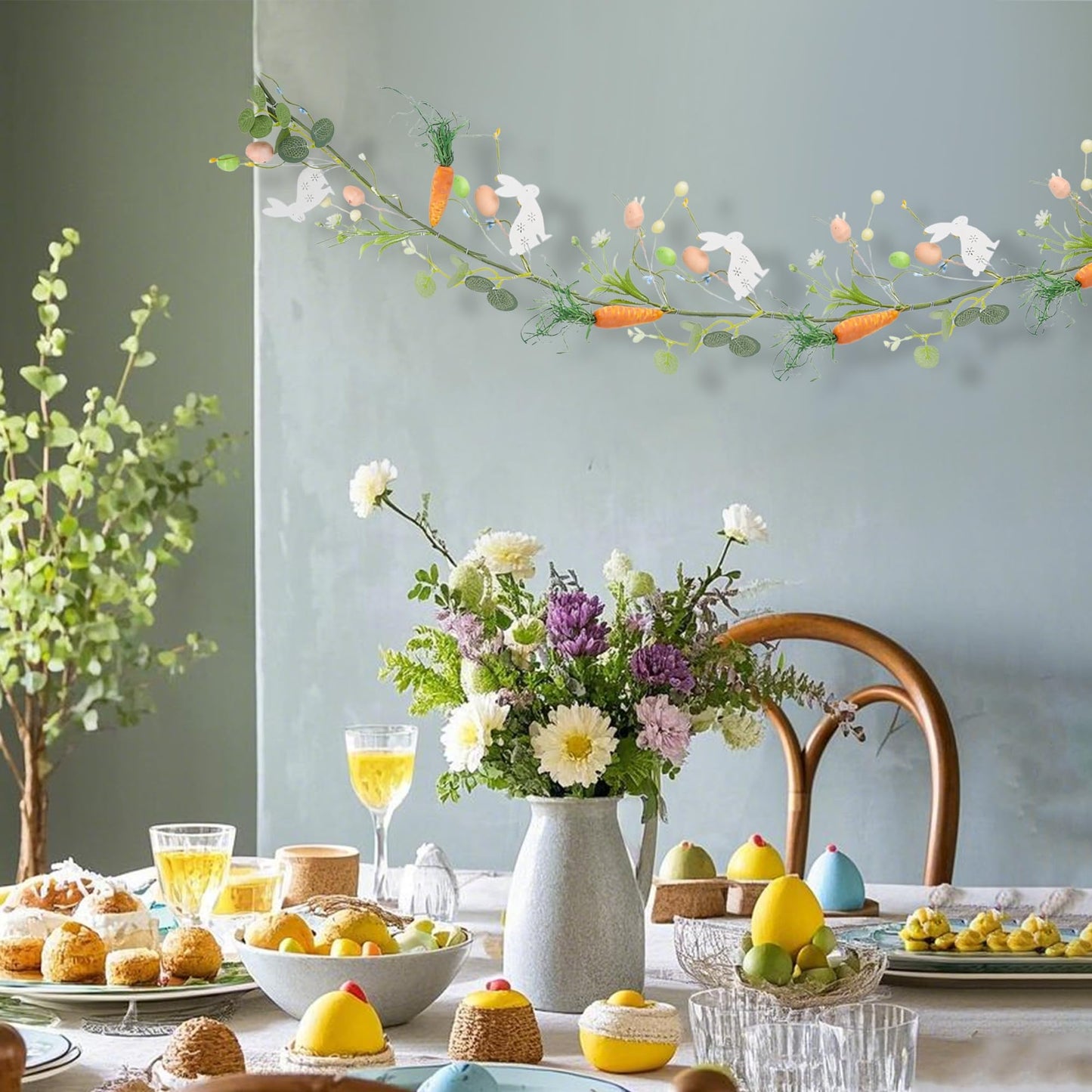 4 FT Easter Garland-Bunny & Carrot Garland Decorations for Mantle, Spring Artificial Garland with Easter Pastel Eggs for Indoor Home Fireplace Table Centerpiece Party Décor