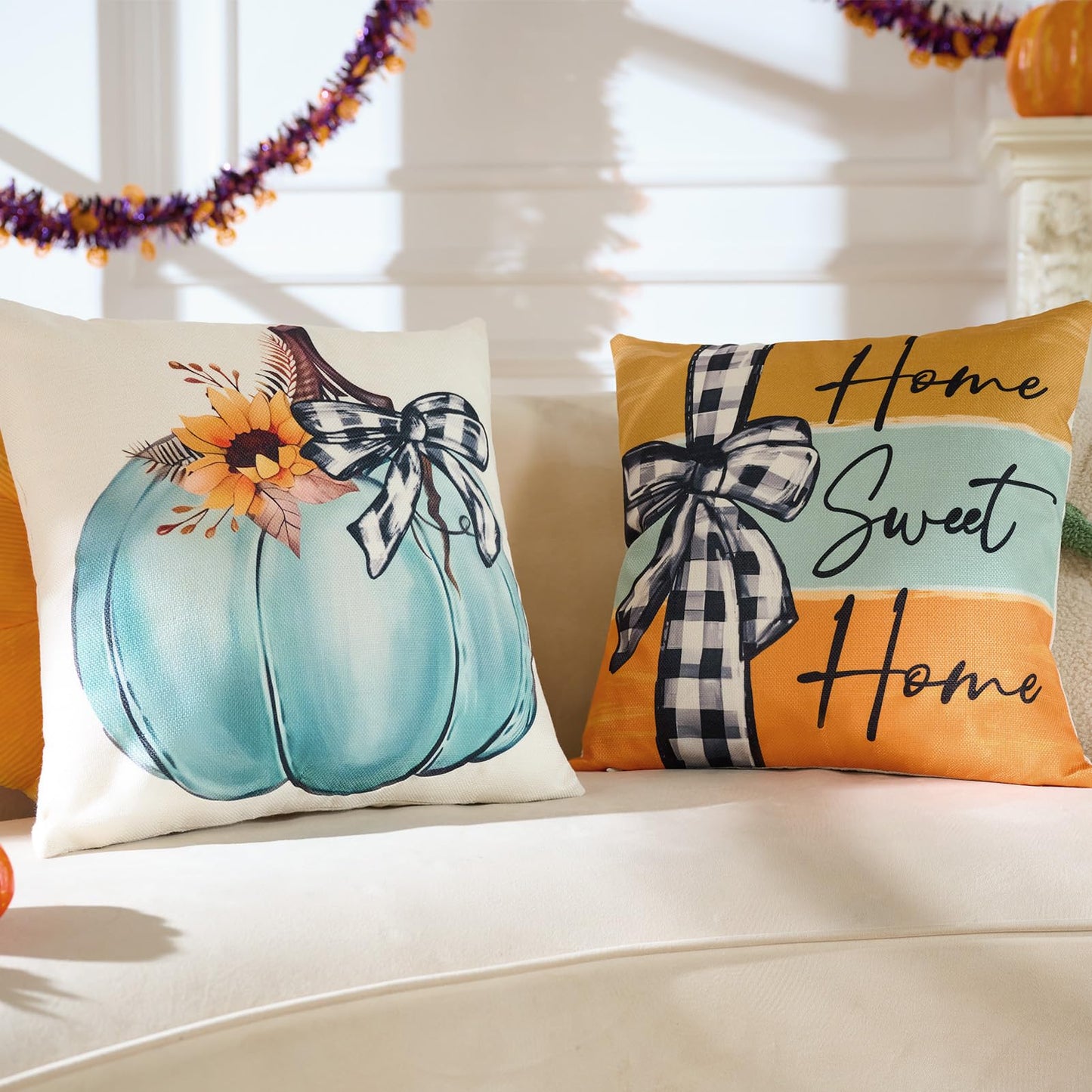 Fall Decorations for Home-Throw Pillow Covers 18x18 in Set of 4,Pumpkin Linen Pillow Case for Thanksgiving Couch Autumn Holiday Outdoor Burnt Orange Blue White Decor