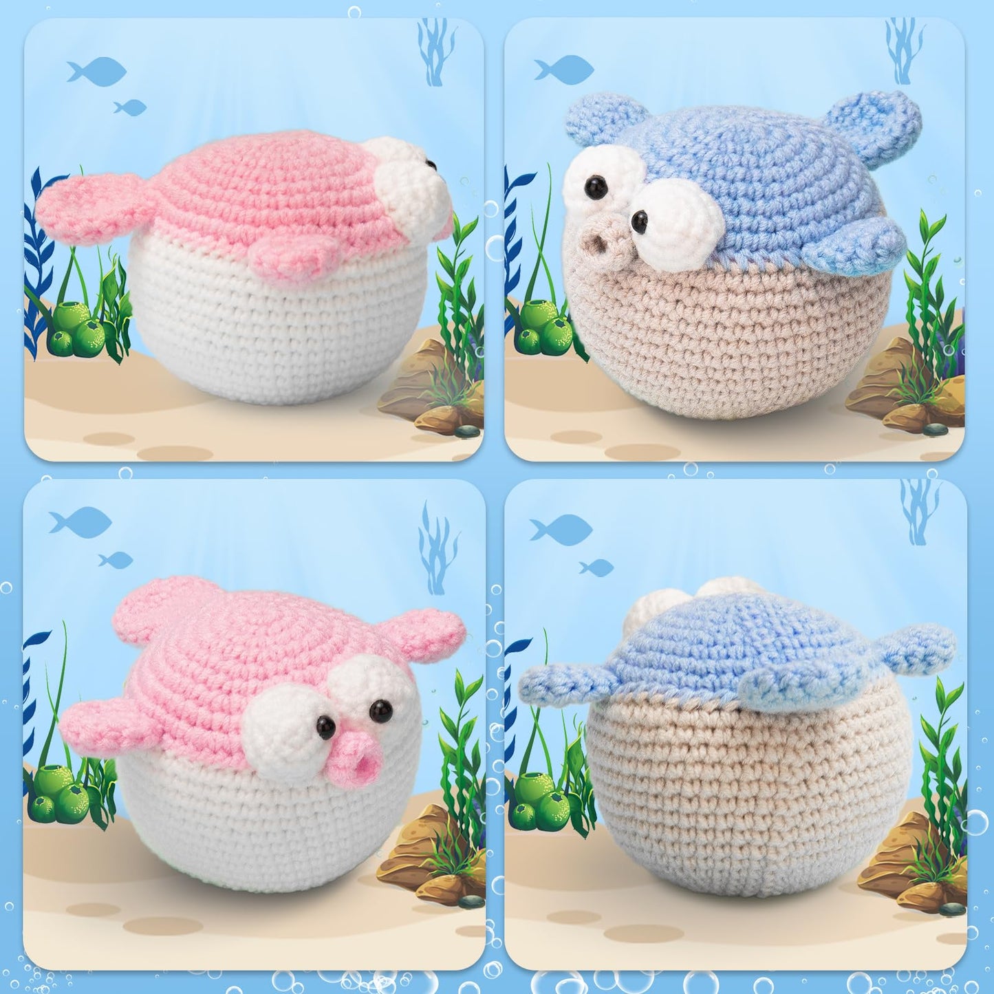 Crochetta Crochet Kit for Beginners, Beginner Crochet Starter Kit with Step-by-Step Video Tutorials, Learn to Crochet Kits for Adults and Kids, DIY Knitting Supplies, 2 Pack Pufferfish (40%+ Yarn)