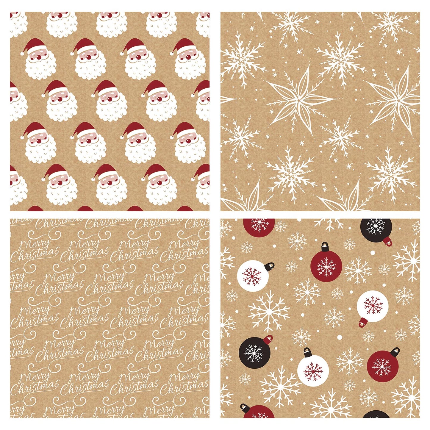 Christmas Wrapping Paper, Kraft Paper - Santa Claus, Snowflake, Christmas Ball and Merry Christmas - 4 Rolls - 30 inches x 10 feet per Roll