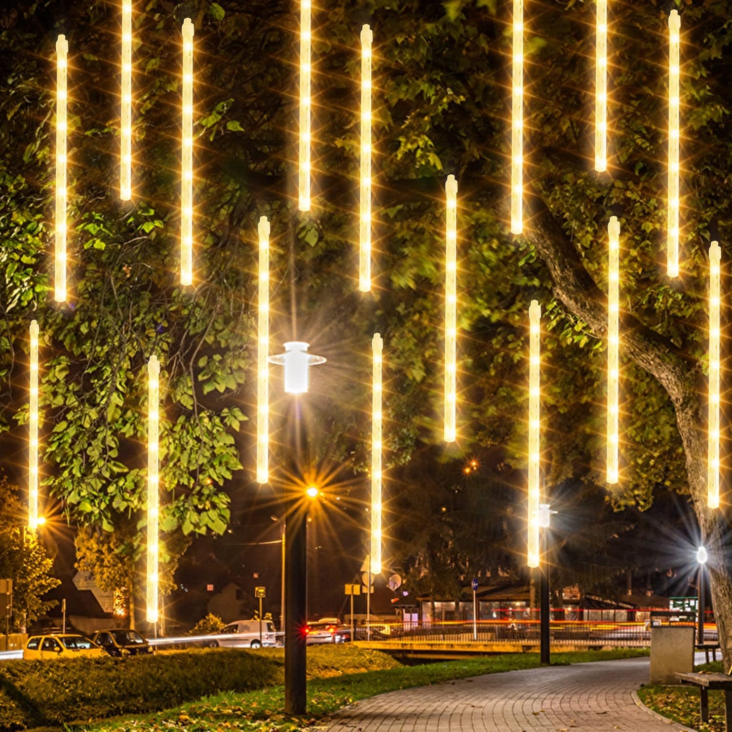 Dazzle Bright Christmas Lights Outdoor, 288LED Meteor Shower Rain Lights 12 Inch 8 Tubes, Waterproof Plug in Falling Icicle Lights Christmas Decorations for Xmas Tree Yard House Decor (Warm White)