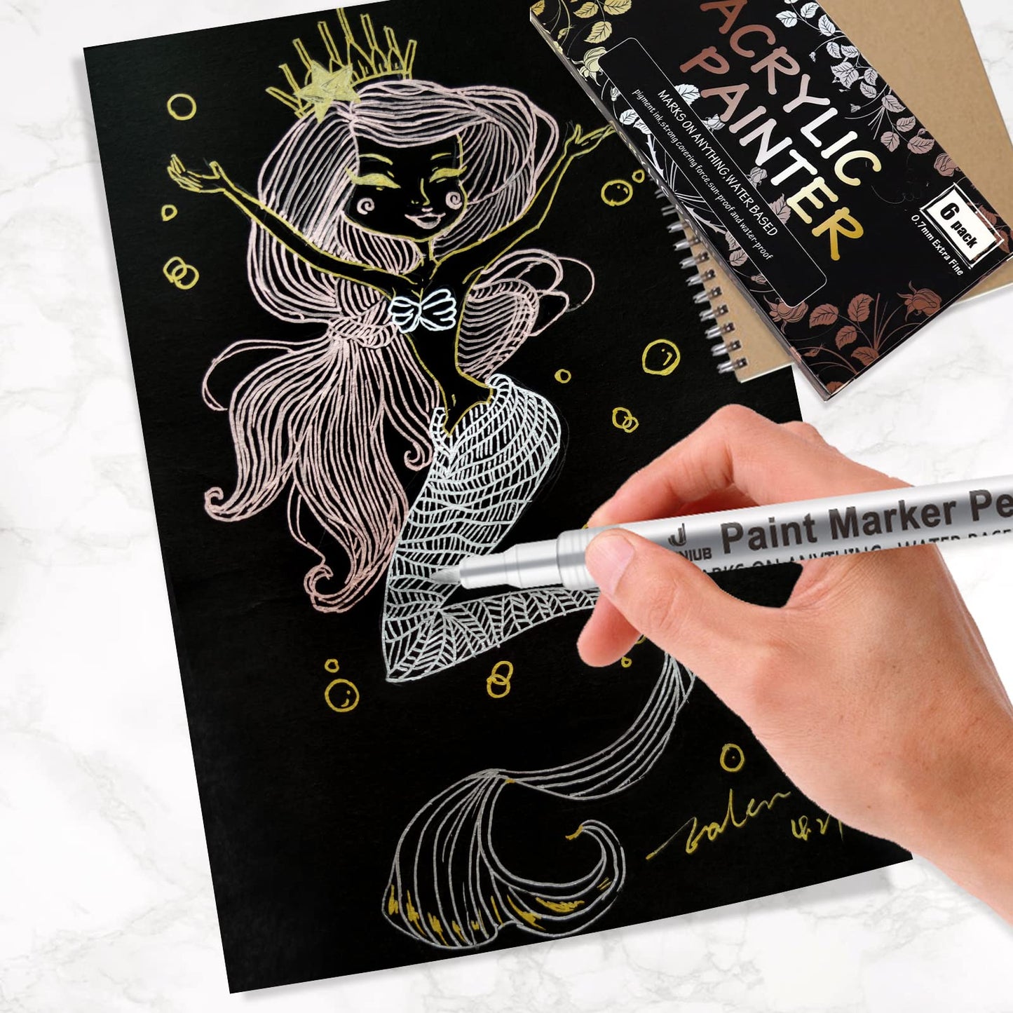 JEFFNIUB Gold Paint Pens with Silver, Rose Gold Acrylic Paint Pens for Rock Painting, Wood, Fabric, Glass, Canvas, Scrapbooking, Card DIY Metallic Acrylic Marker (0.7mm)