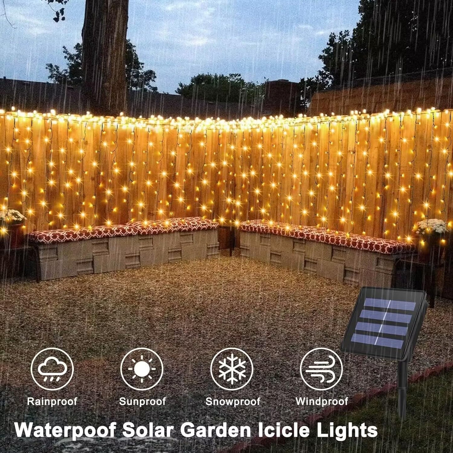 DBFAIRY Solar Curtain Lights,13ft x 3.3ft 200 LED Outdoor Solar Curtain Lights Waterproof Green Wire with 8 Mode for Garden Handrail Railing Eaves Wall Decoration -Warm White