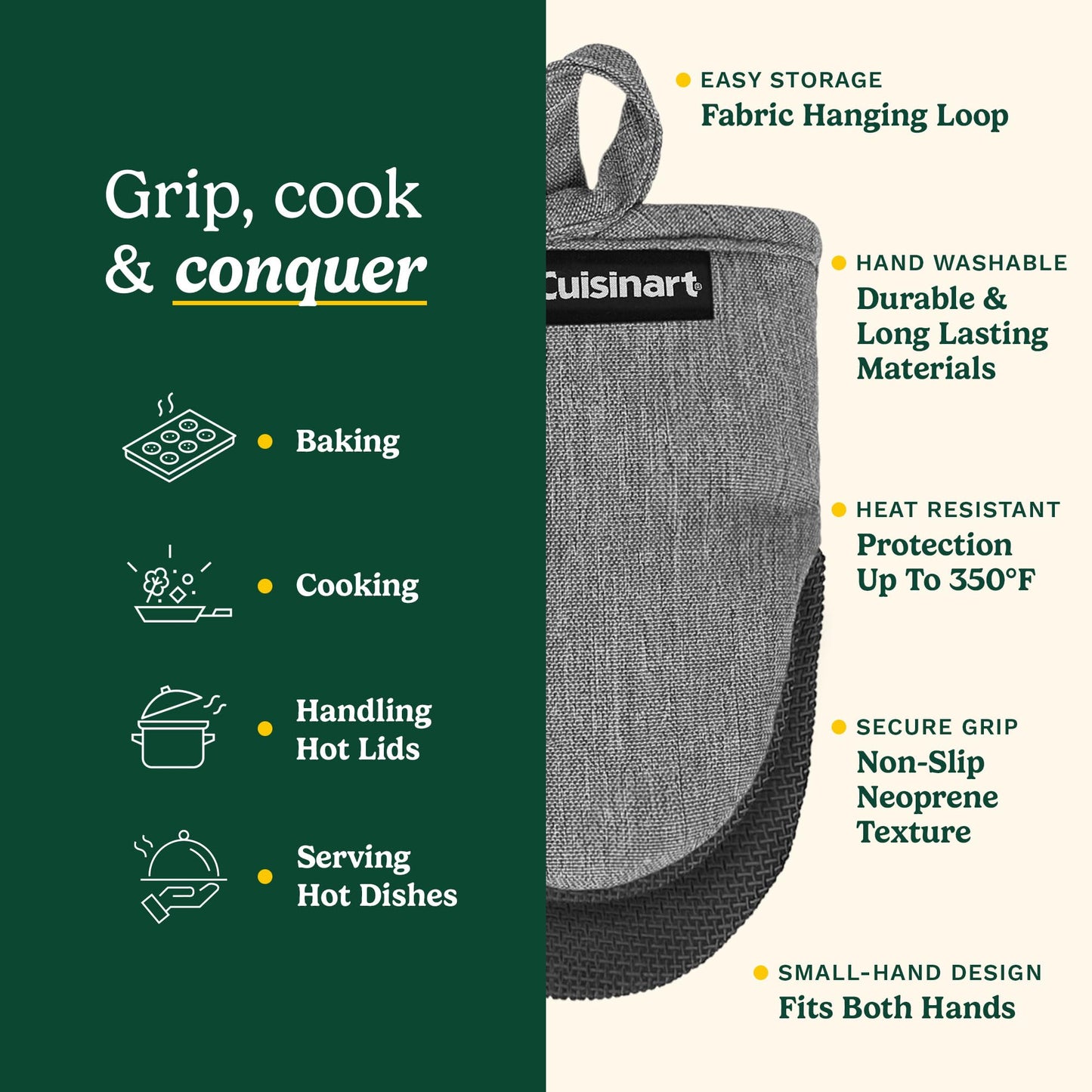 Mini Oven Mitts – 5.5” x 7” Heat-Resistant Kitchen Mitts for Oven with Non-Slip Neoprene Palm, Cotton Filling, and Fabric Loop – Durable Oven Mitt Set for Cooking & Baking (Black)