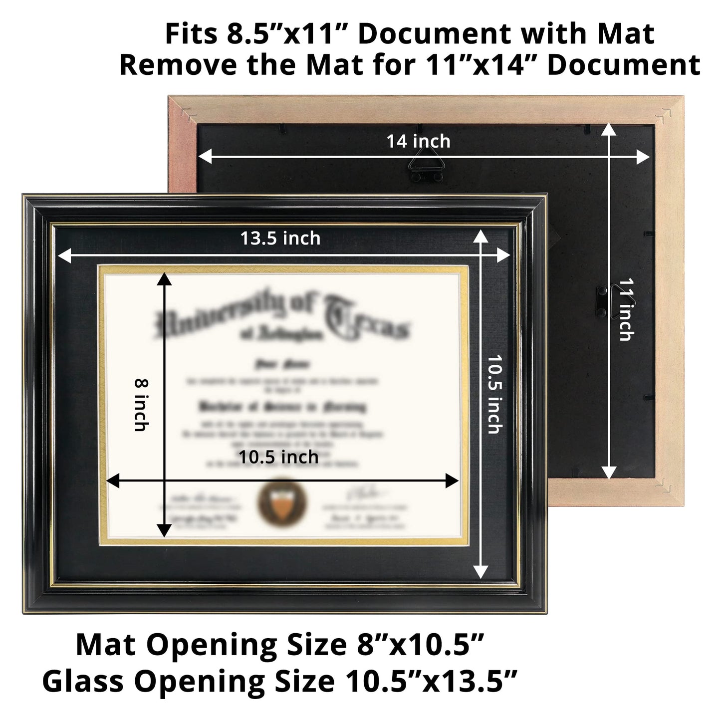GraduationMall 8.5x11 Diploma Frame with Black over Gold Mat or Display 11x14 Certificate without Mat,Solid Wood & Tempered Glass,Glossy Black Finish with Gold Trim