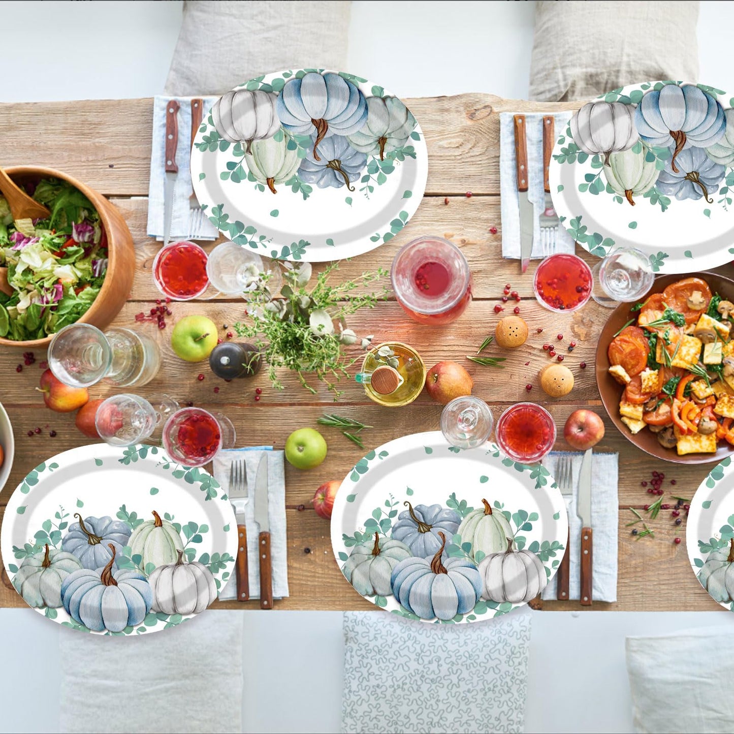 50Pcs Fall Oval Paper Plates Thanksgiving Plates Large 10" X 12" Disposable 400GSM Blue and White Pumpkin Plate for Little Pumpkin Baby Shower Fall Harvest Party Thanksgiving Party Decorations